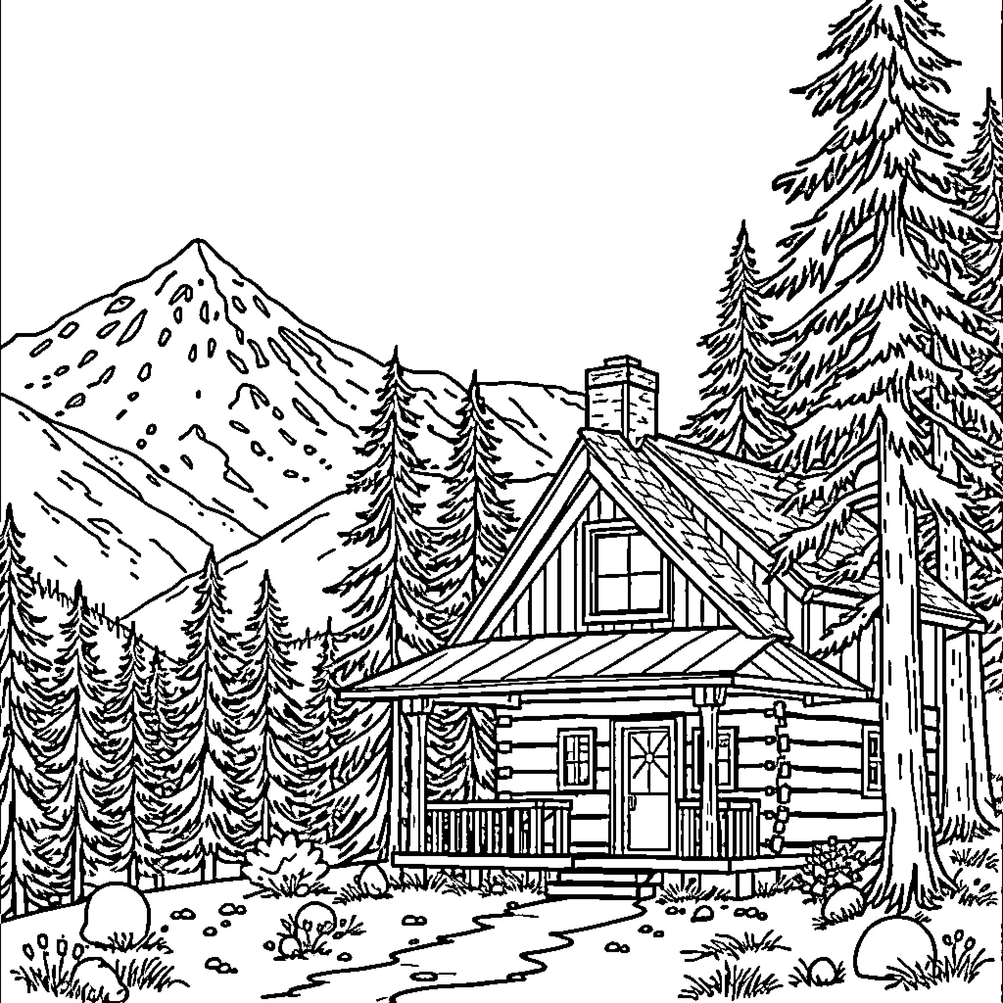 Cabin in the Snowy Mountain Wilderness Coloring Page (free black-and-white line drawing printable PDF for all, from beginners to advanced learners, including children, teens, adults, and seniors)