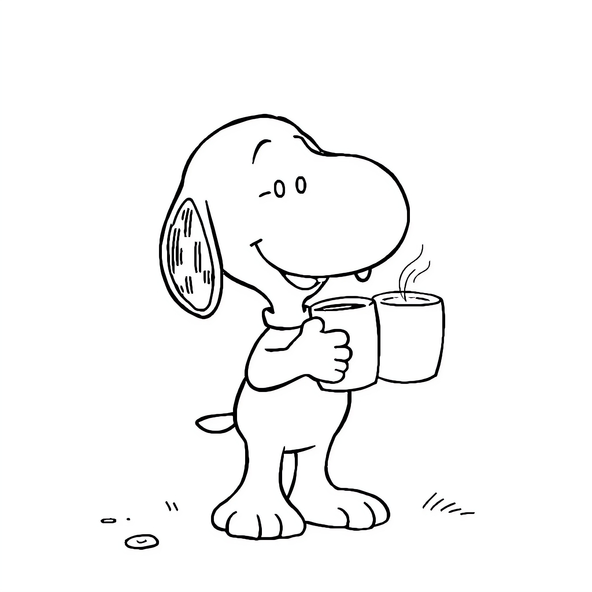Snoopy enjoying a warm cup of coffee Coloring Page (free black-and-white line drawing printable PDF for all, from beginners to advanced learners, including children, teens, adults, and seniors)