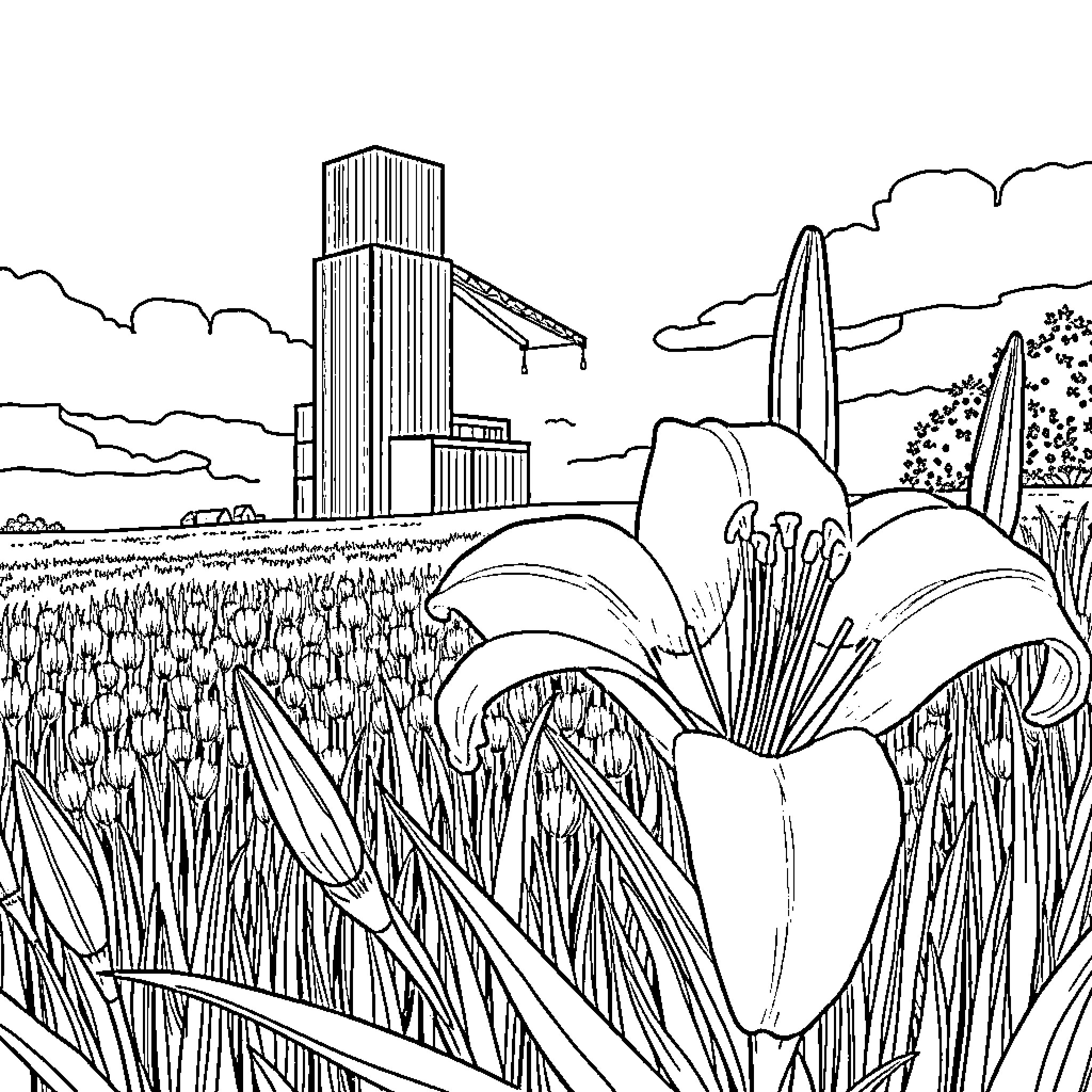 Lily in the Field with Industrial Structures Coloring Page (free black-and-white line drawing printable PDF for all, from beginners to advanced learners, including children, teens, adults, and seniors)