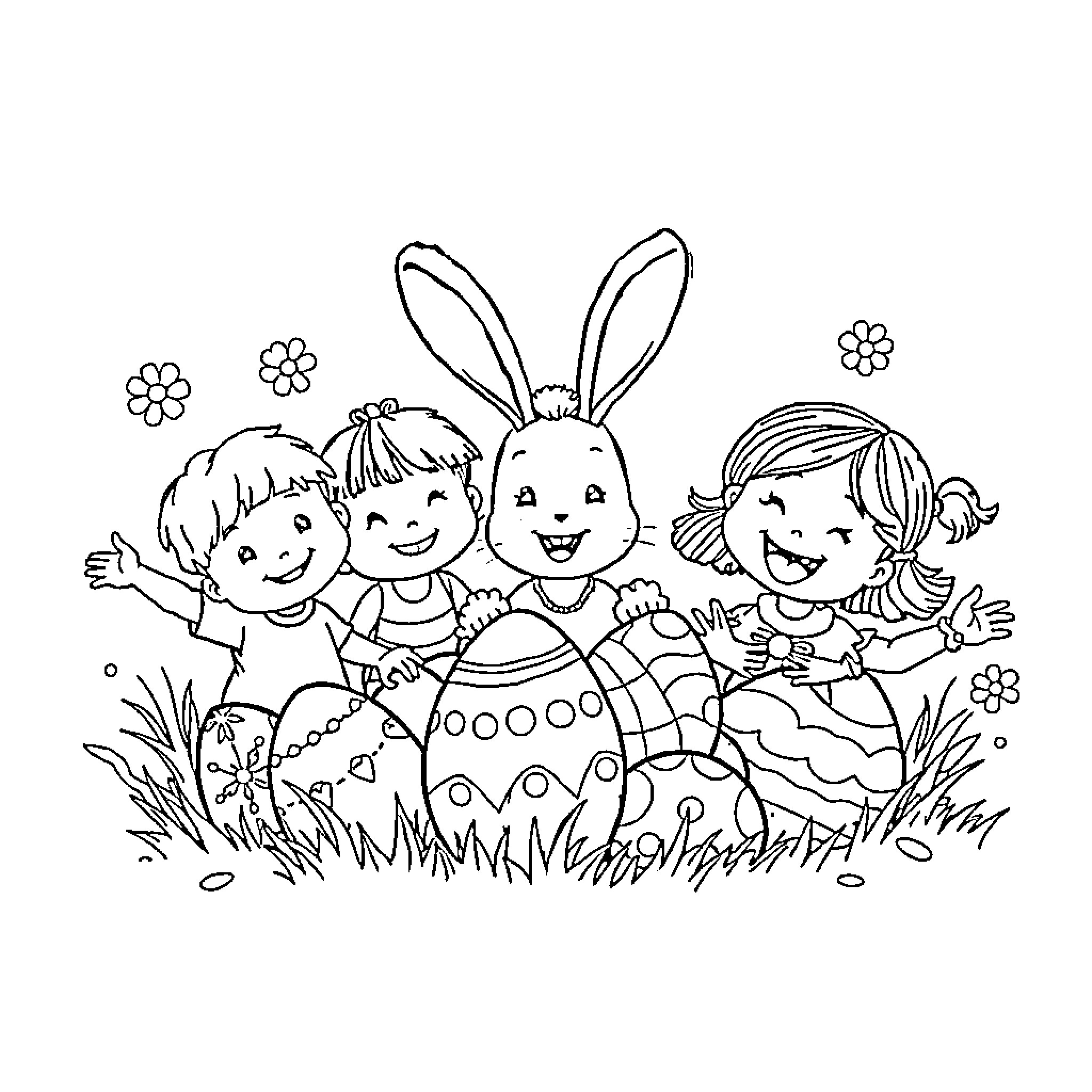 Easter Celebration with Happy Children Coloring Page (free black-and-white line drawing printable PDF for all, from beginners to advanced learners, including children, teens, adults, and seniors)