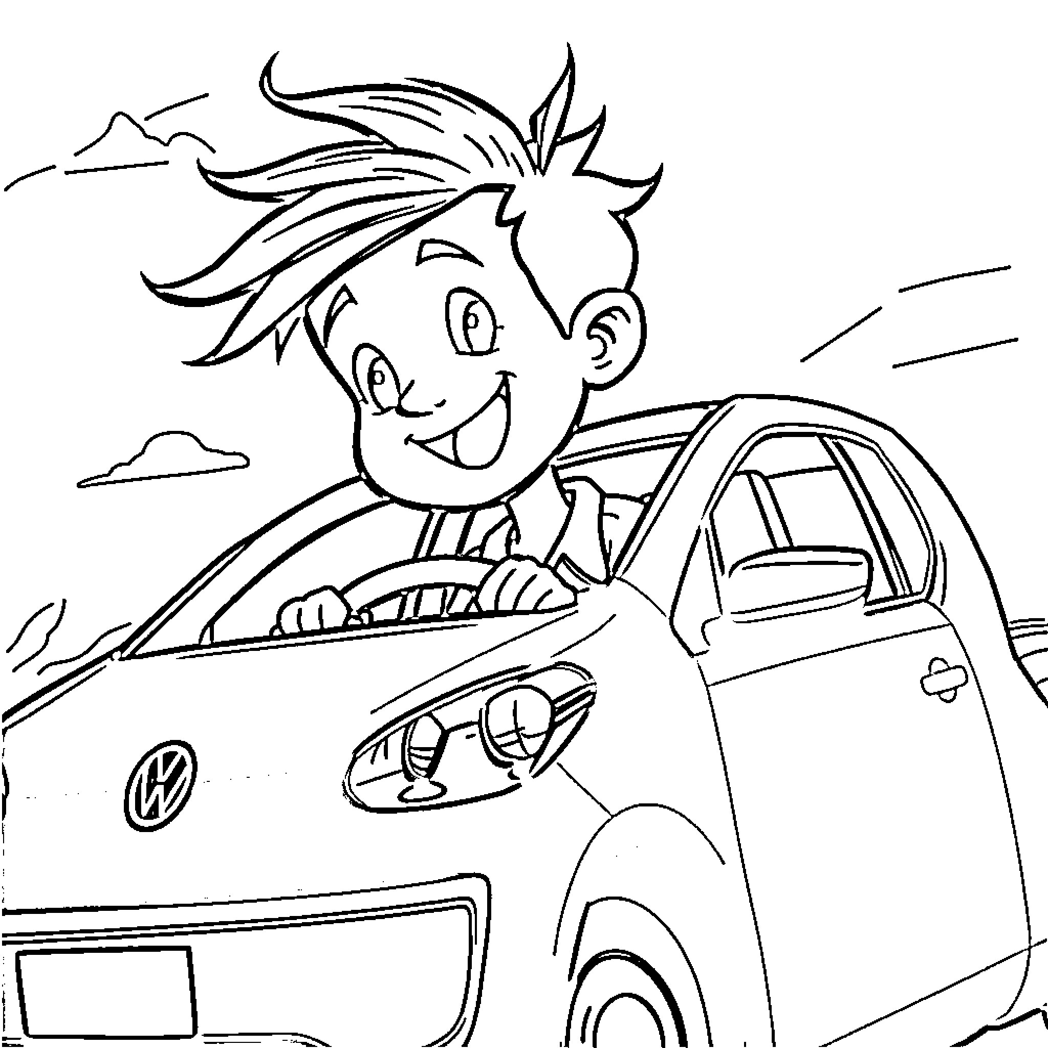 Volkswagen car with a smiling boy driver Coloring Page (free black-and-white line drawing printable PDF for all, from beginners to advanced learners, including children, teens, adults, and seniors)