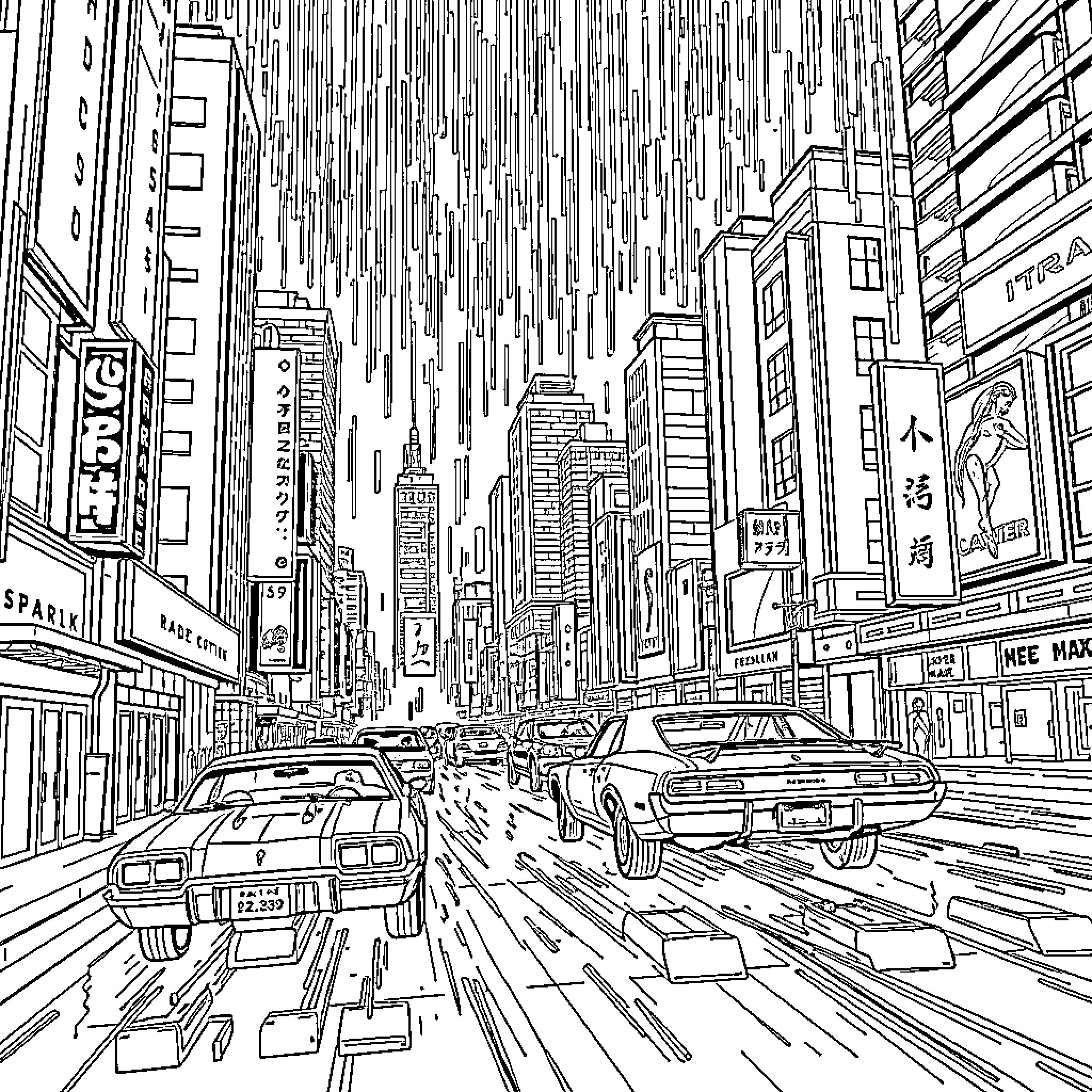 Bladerunner Metropolis Chaos: High-Speed Urban Chase Coloring Page (free black-and-white line drawing printable PDF for all, from beginners to advanced learners, including children, teens, adults, and seniors)