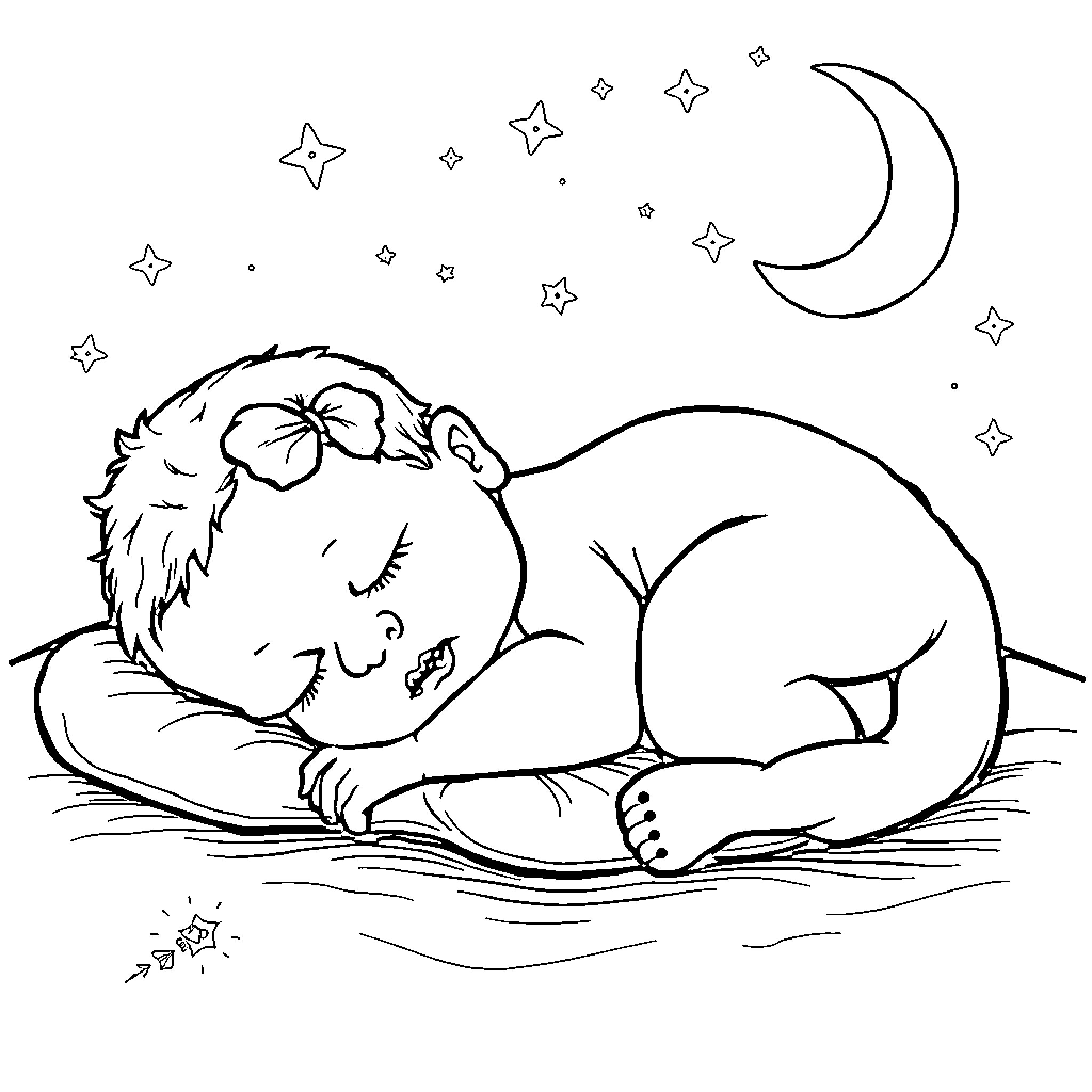 Baby sleeping peacefully under the night sky Coloring Page (free black-and-white line drawing printable PDF for all, from beginners to advanced learners, including children, teens, adults, and seniors)