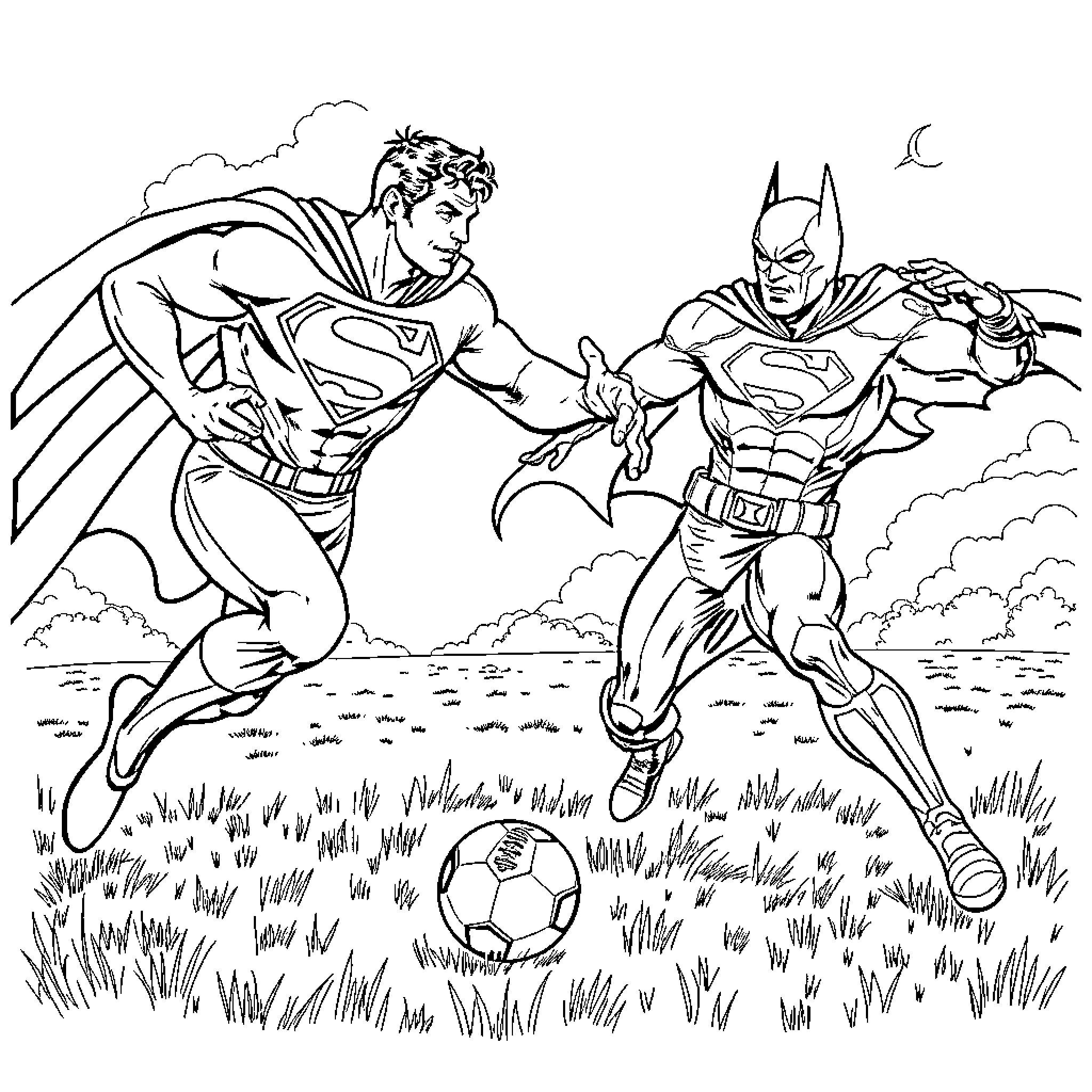 Superman and Batman playing soccer in a field Coloring Page (free black-and-white line drawing printable PDF for all, from beginners to advanced learners, including children, teens, adults, and seniors)