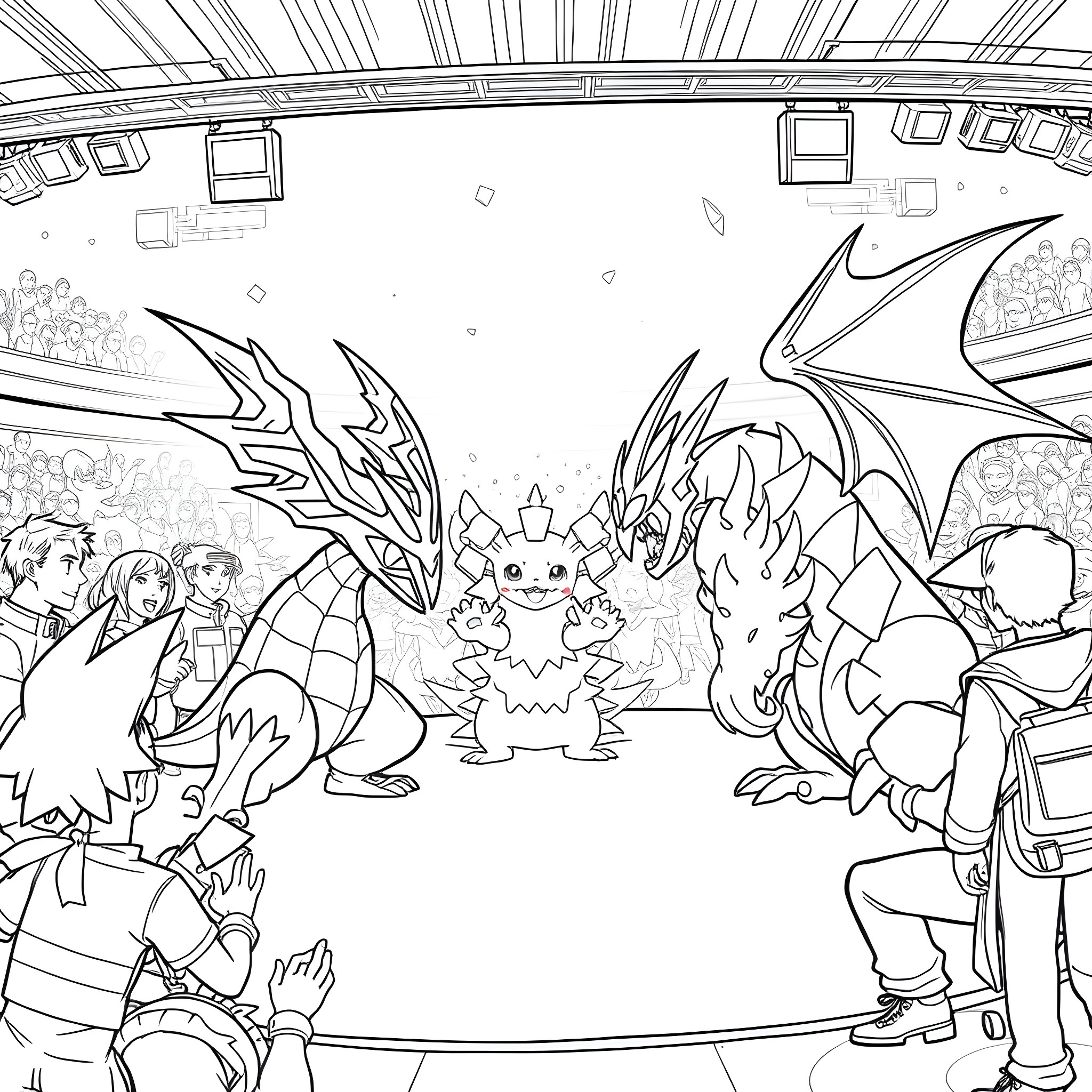 Pokémon Battle in an Arena Coloring Page (free black-and-white line drawing printable PDF for all, from beginners to advanced learners, including children, teens, adults, and seniors)