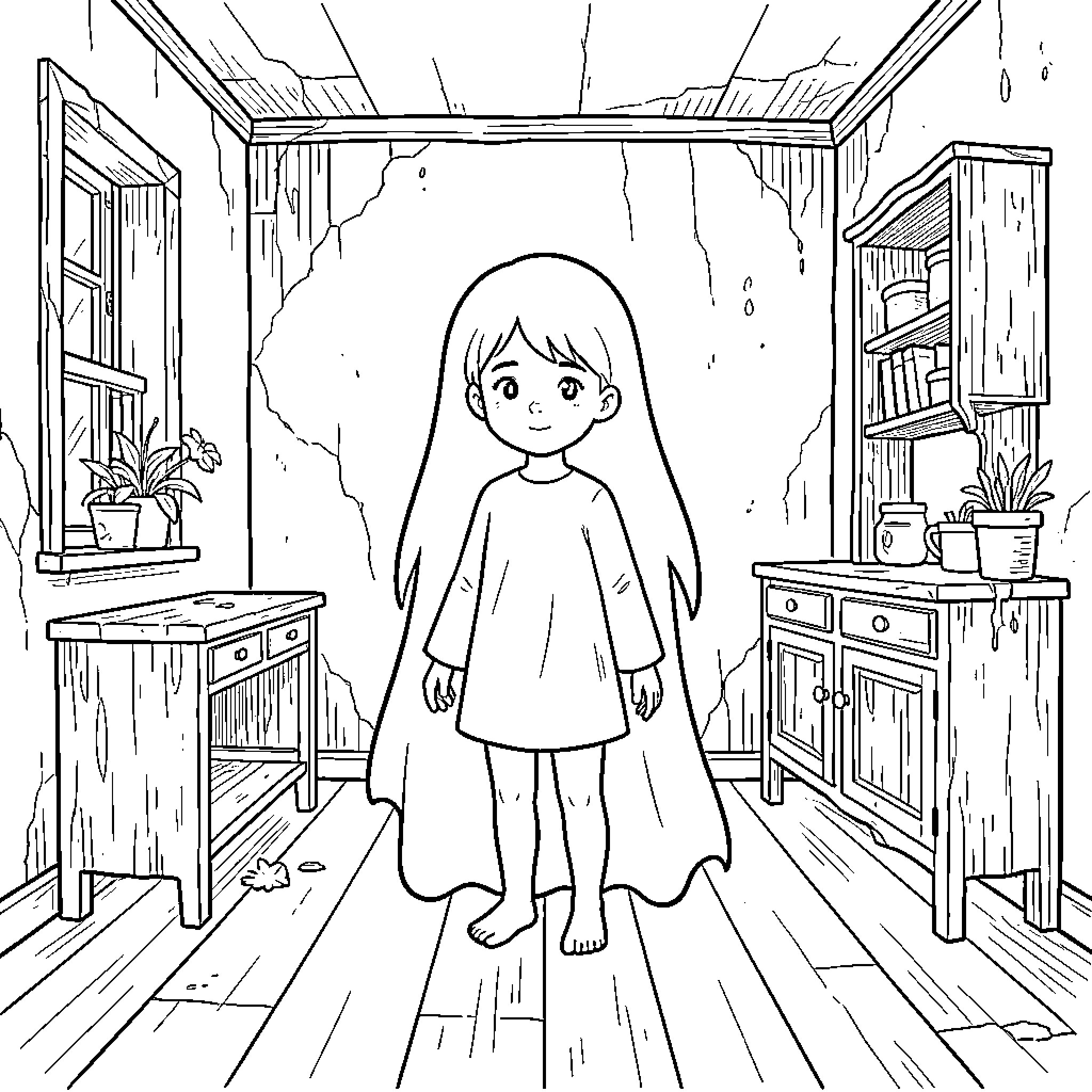 Ghost girl standing barefoot in a dilapidated wooden room Coloring Page (free black-and-white line drawing printable PDF for all, from beginners to advanced learners, including children, teens, adults, and seniors)