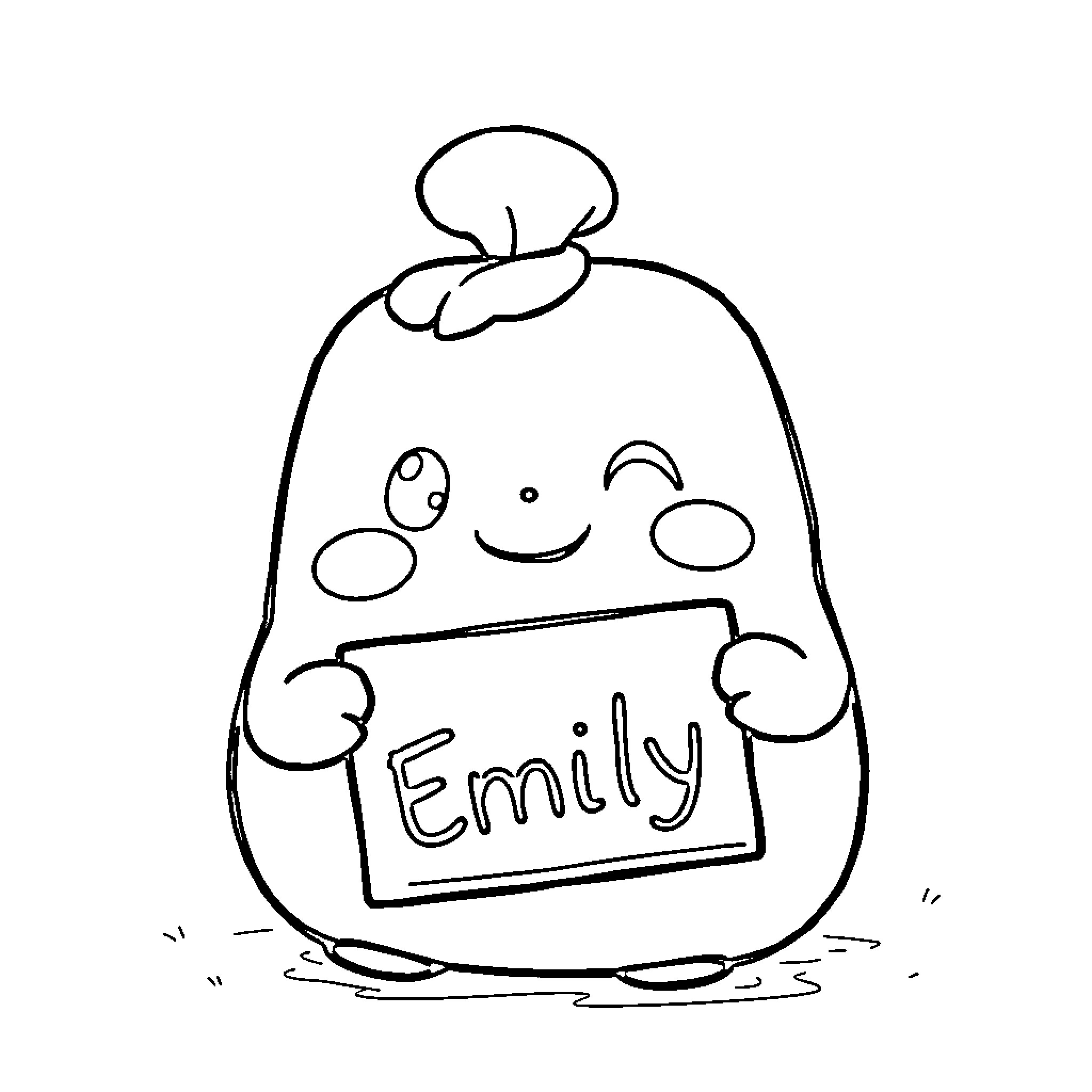Squishmallow holding name sign with cheerful expression Coloring Page (free black-and-white line drawing printable PDF for all, from beginners to advanced learners, including children, teens, adults, and seniors)