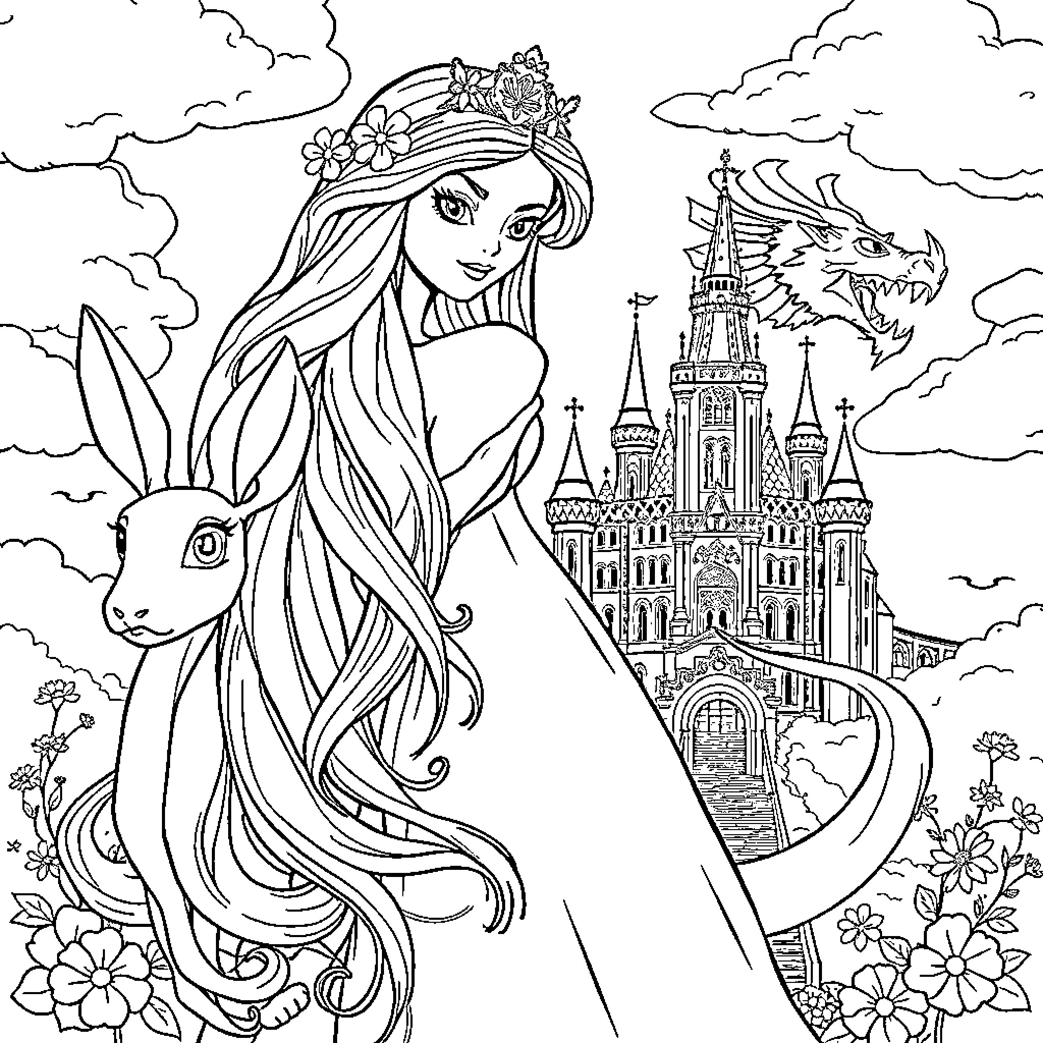Princess in a Fantastical Castle Scene Coloring Page (free black-and-white line drawing printable PDF for all, from beginners to advanced learners, including children, teens, adults, and seniors)
