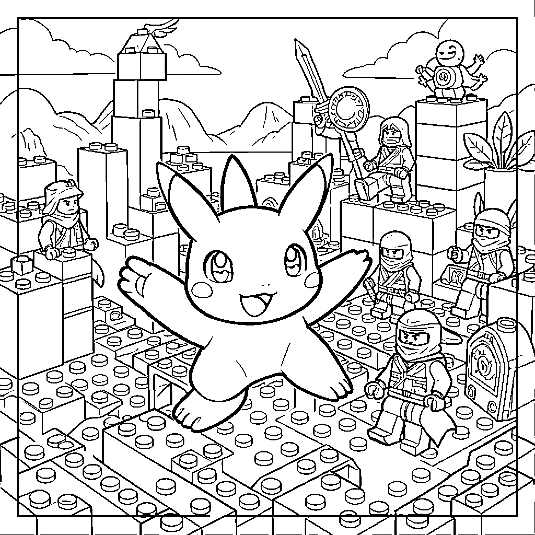 Pokémon Pikachu jumping joyfully among brick structures and characters Coloring Page (free black-and-white line drawing printable PDF for all, from beginners to advanced learners, including children, teens, adults, and seniors)