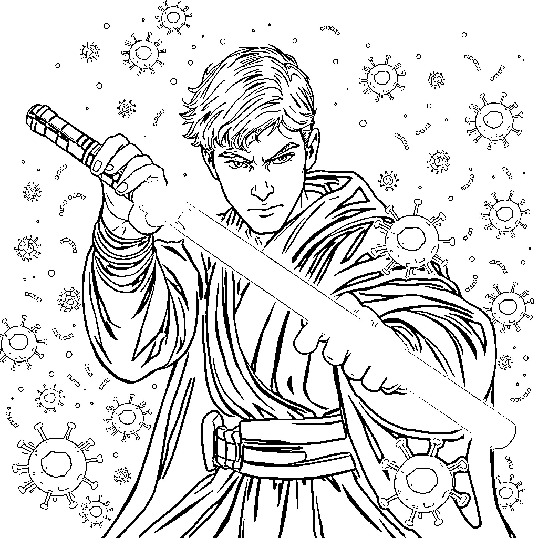 Jedi Knight in battle against dark forces Coloring Page (free black-and-white line drawing printable PDF for all, from beginners to advanced learners, including children, teens, adults, and seniors)