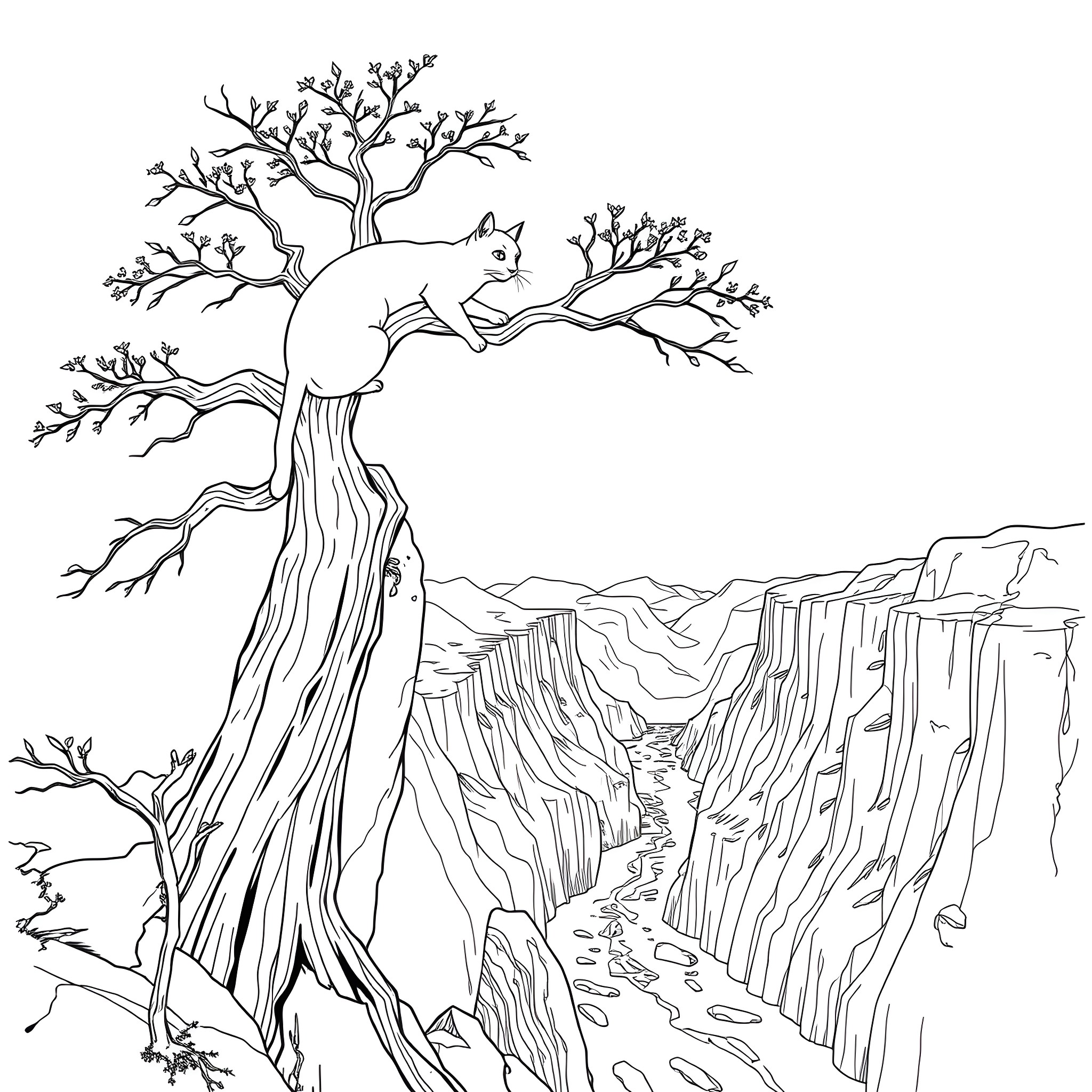 Cat exploring the rugged cliffside landscape Coloring Page (free black-and-white line drawing printable PDF for all, from beginners to advanced learners, including children, teens, adults, and seniors)