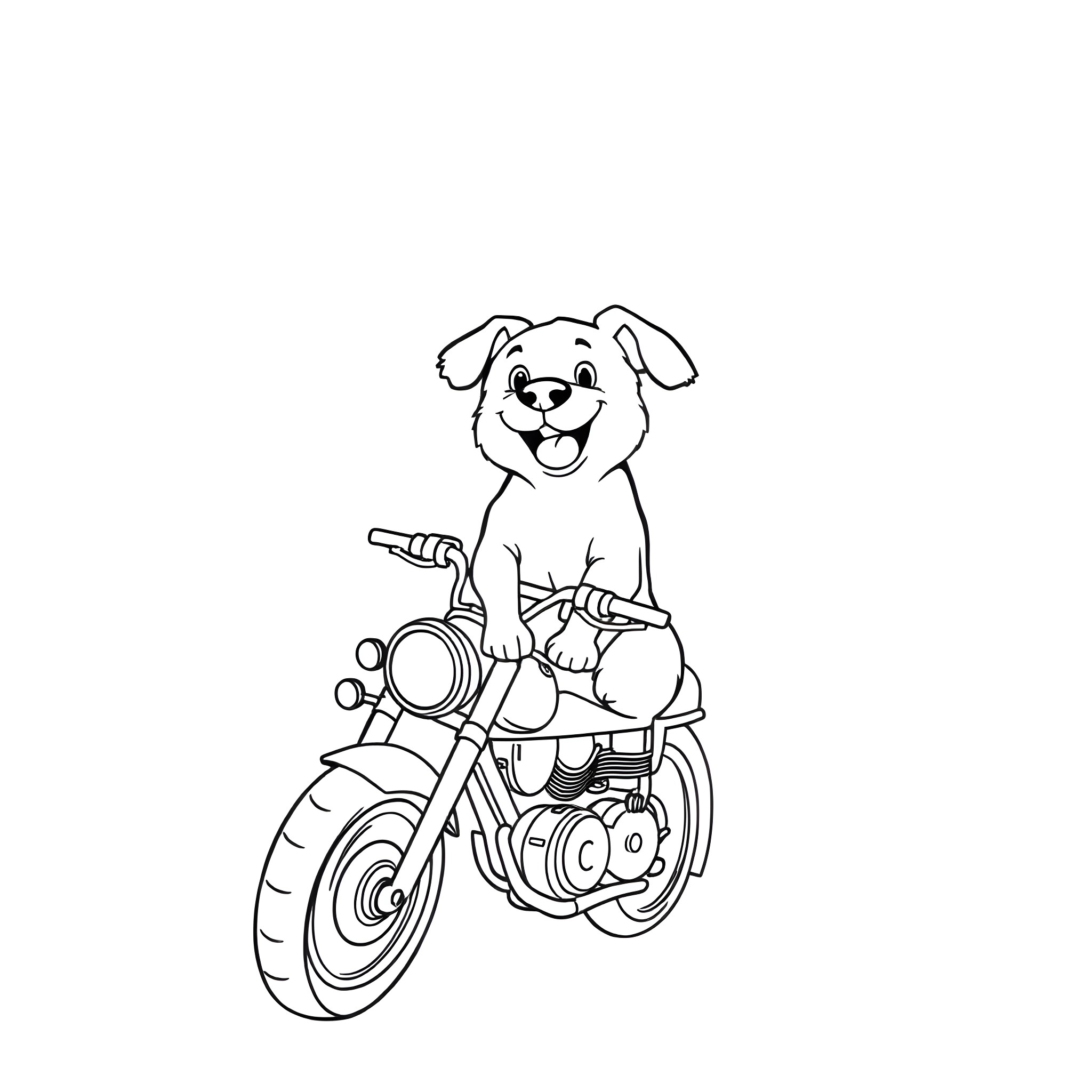Dog riding a motorcycle happily Coloring Page (free black-and-white line drawing printable PDF for all, from beginners to advanced learners, including children, teens, adults, and seniors)