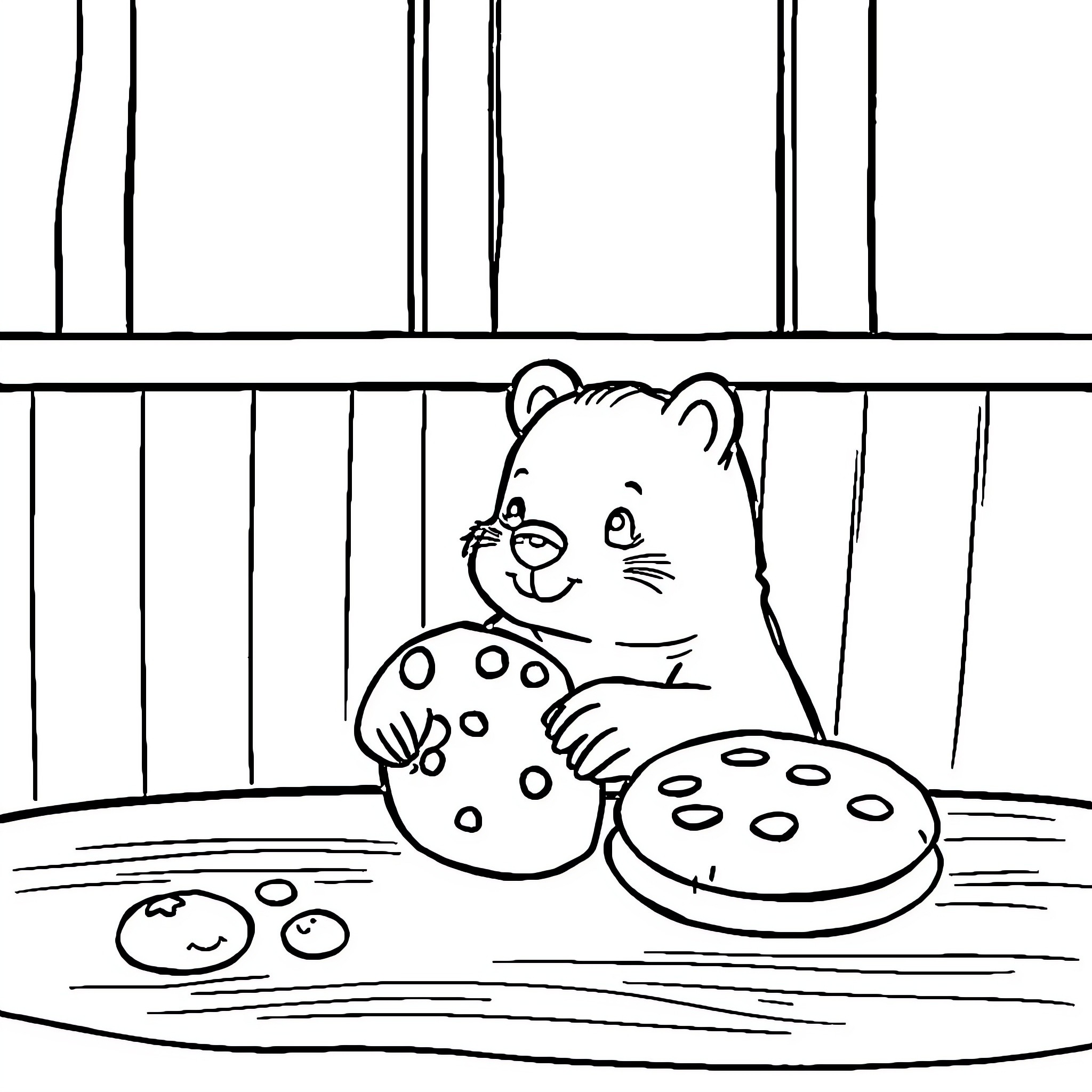Cookie the cute bear baking cookies Coloring Page (free black-and-white line drawing printable PDF for all, from beginners to advanced learners, including children, teens, adults, and seniors)