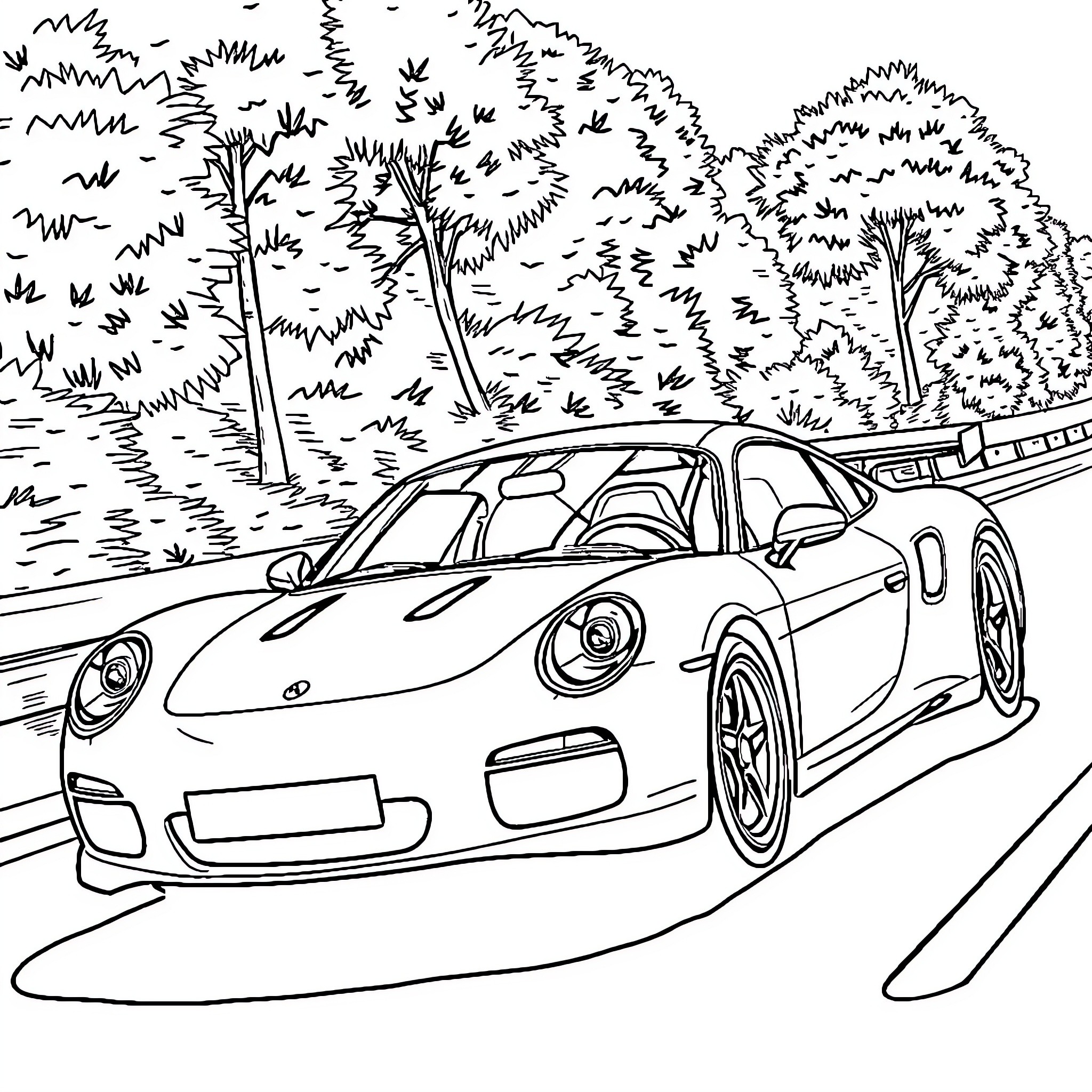 Sports Car Speeding on the Road Through the Forest Coloring Page (free black-and-white line drawing printable PDF for all, from beginners to advanced learners, including children, teens, adults, and seniors)