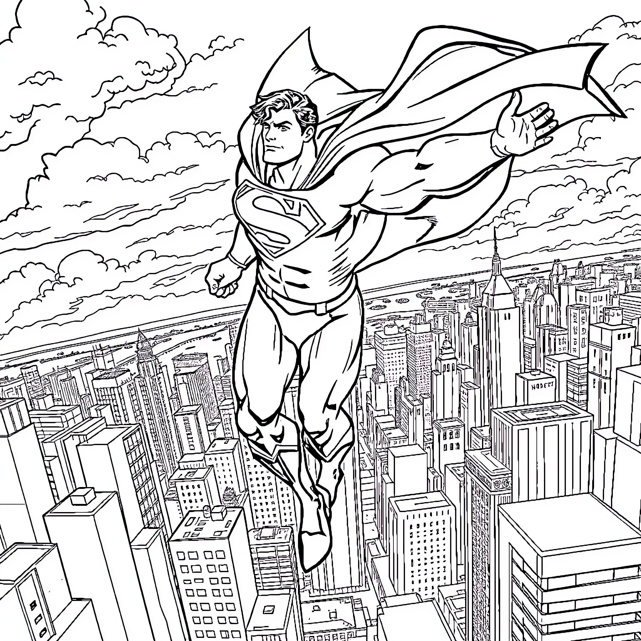 Superman soaring over the city skyline Coloring Page (free black-and-white line drawing printable PDF for all, from beginners to advanced learners, including children, teens, adults, and seniors)