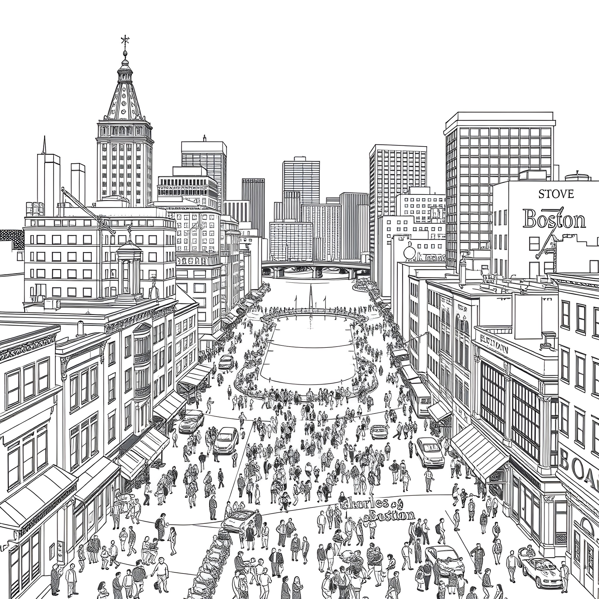 Boston: Bustling City Scene with Crowd and Skyscrapers Coloring Page (free black-and-white line drawing printable PDF for all, from beginners to advanced learners, including children, teens, adults, and seniors)