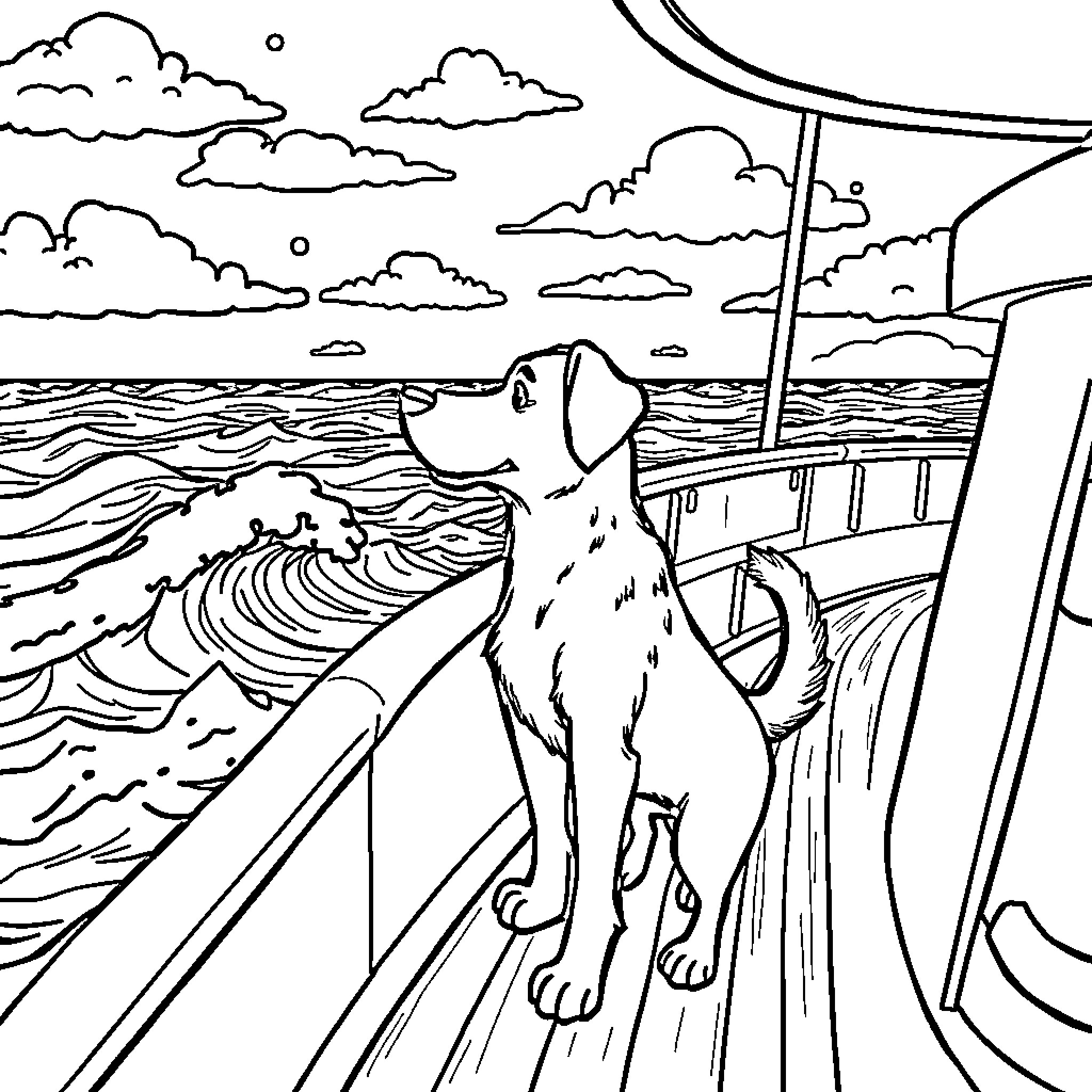 Dog enjoying the ocean breeze on a boat Coloring Page (free black-and-white line drawing printable PDF for all, from beginners to advanced learners, including children, teens, adults, and seniors)