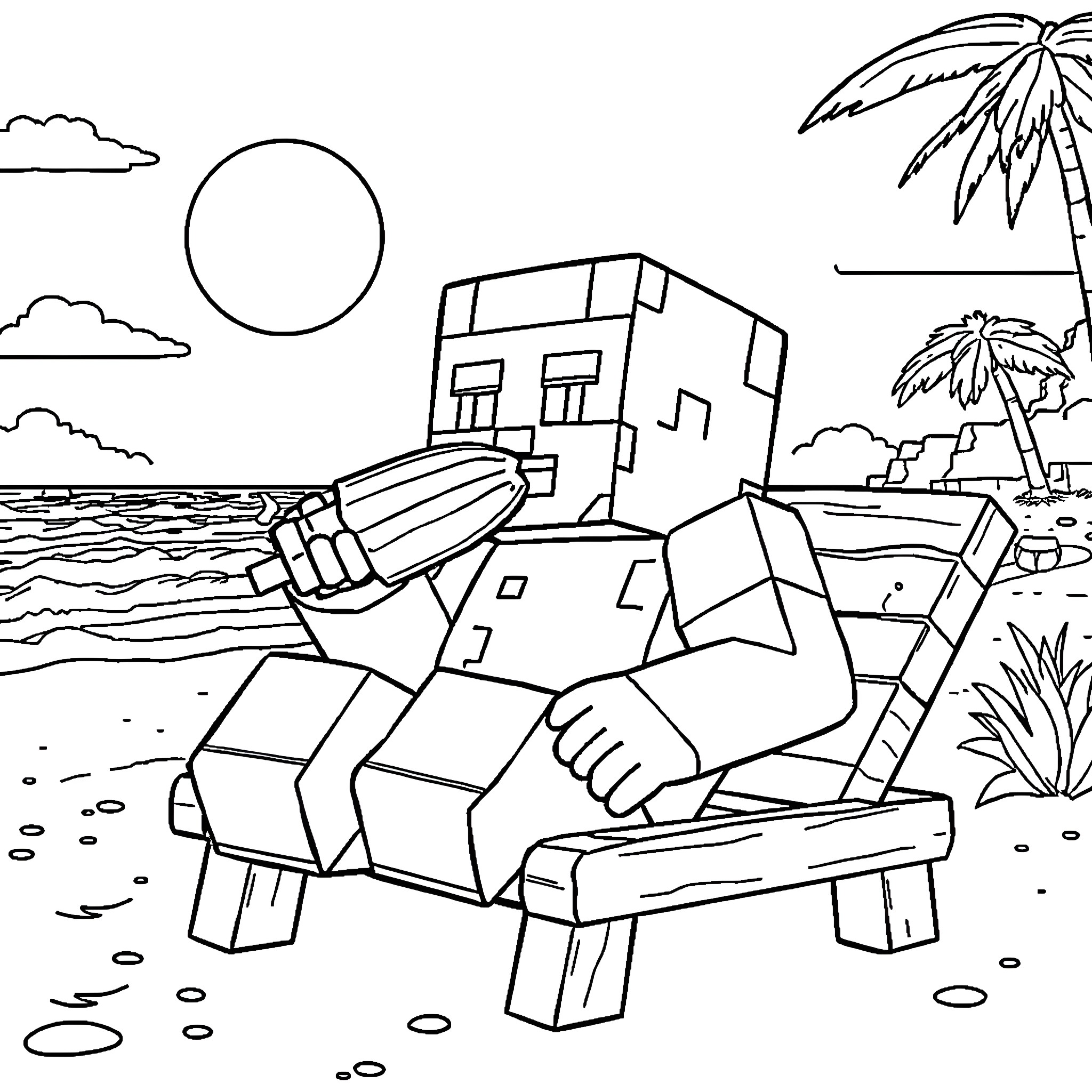 Minecraft Character relaxing on the beach Coloring Page (free black-and-white line drawing printable PDF for all, from beginners to advanced learners, including children, teens, adults, and seniors)