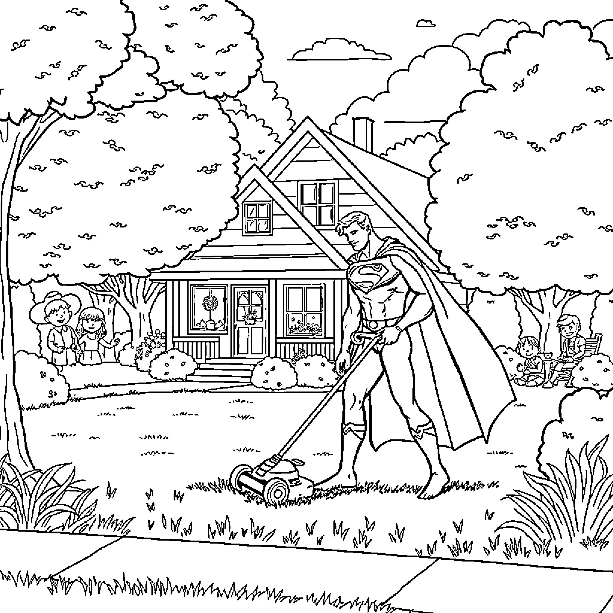 Superman mowing the lawn of a cozy home Coloring Page (free black-and-white line drawing printable PDF for all, from beginners to advanced learners, including children, teens, adults, and seniors)