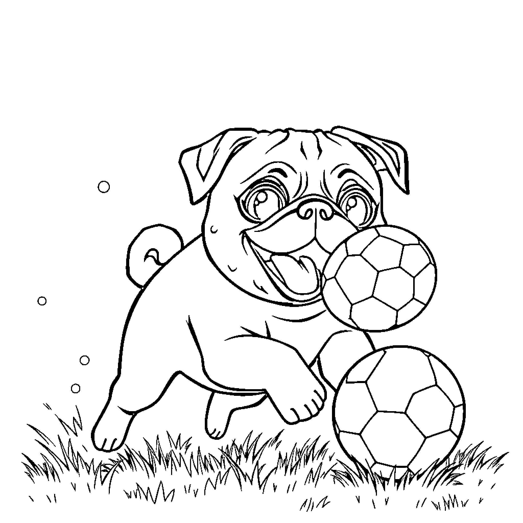 Pug playing excitedly with soccer balls Coloring Page (free black-and-white line drawing printable PDF for all, from beginners to advanced learners, including children, teens, adults, and seniors)