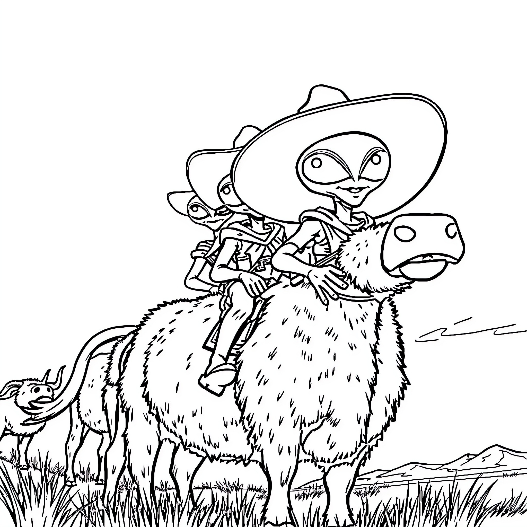 Alien Duo Riding a Furry Beast in the Wilderness Coloring Page (free black-and-white line drawing printable PDF for all, from beginners to advanced learners, including children, teens, adults, and seniors)