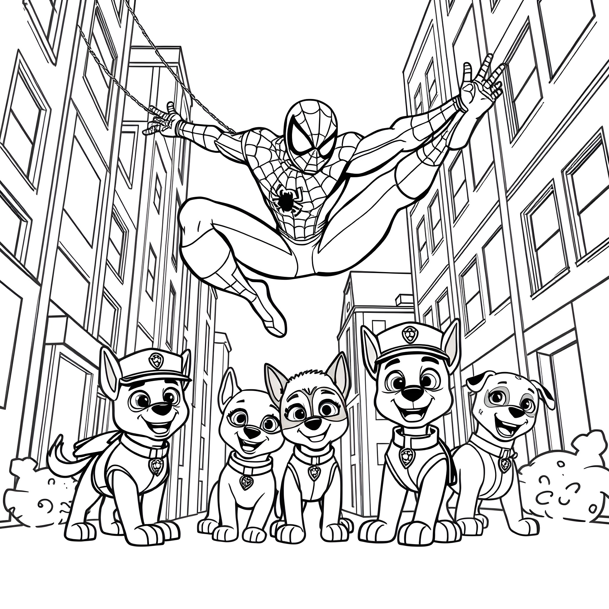 Spider-Man swinging through the city with the Paw Patrol pups Coloring Page (free black-and-white line drawing printable PDF for all, from beginners to advanced learners, including children, teens, adults, and seniors)