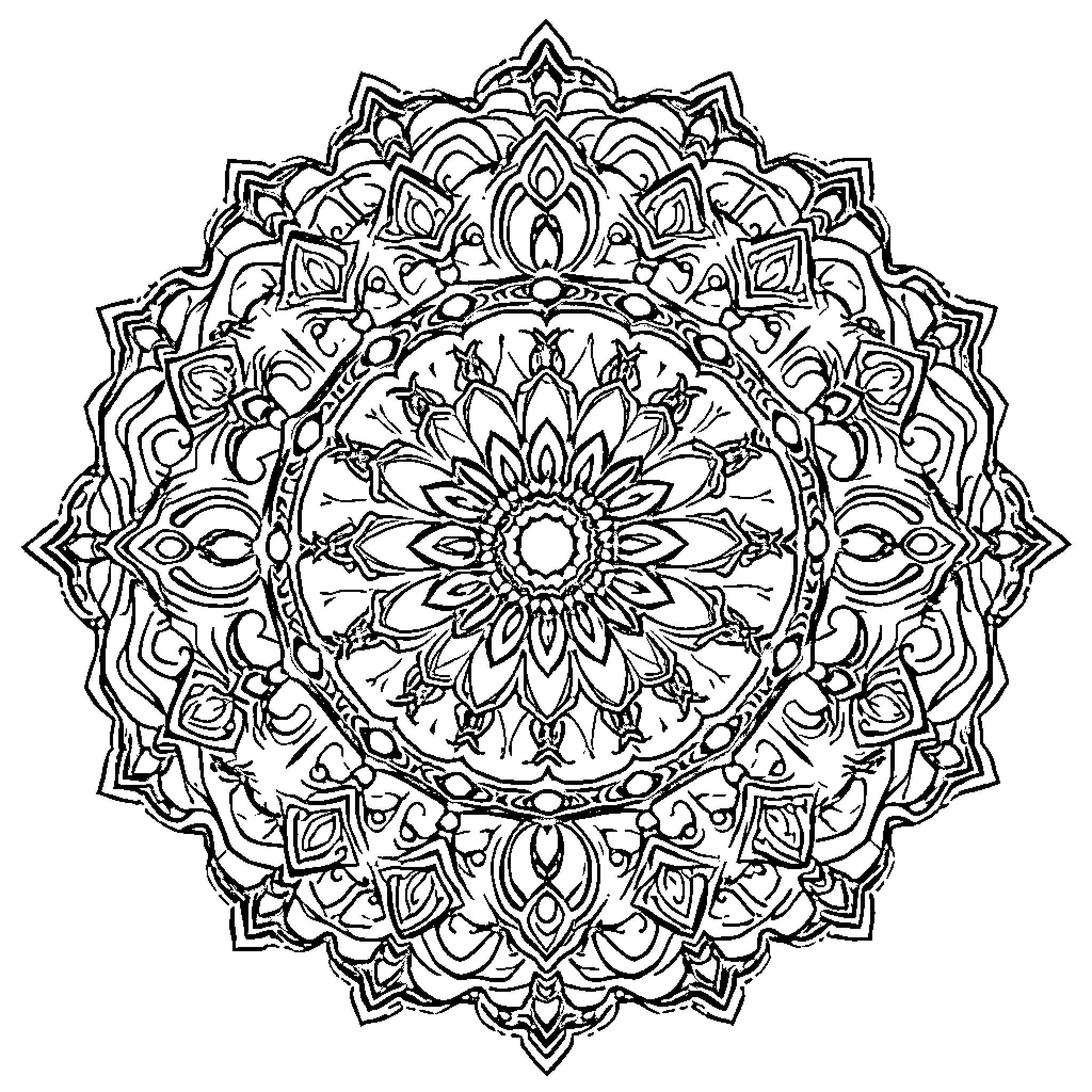 Mandala of intricate floral patterns and geometric designs Coloring Page (free black-and-white line drawing printable PDF for all, from beginners to advanced learners, including children, teens, adults, and seniors)