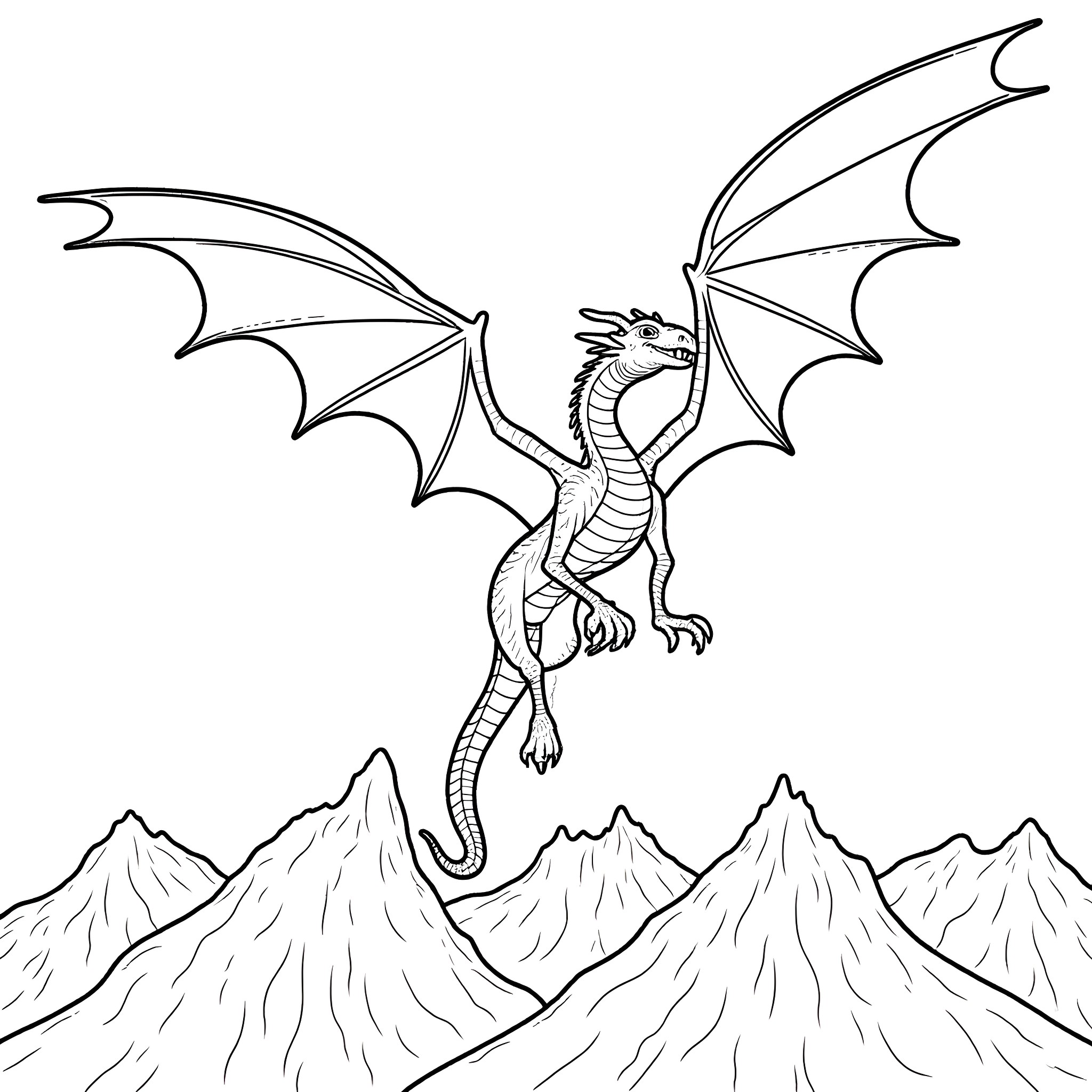 Dragon soaring majestically over mountain peaks Coloring Page (free black-and-white line drawing printable PDF for all, from beginners to advanced learners, including children, teens, adults, and seniors)