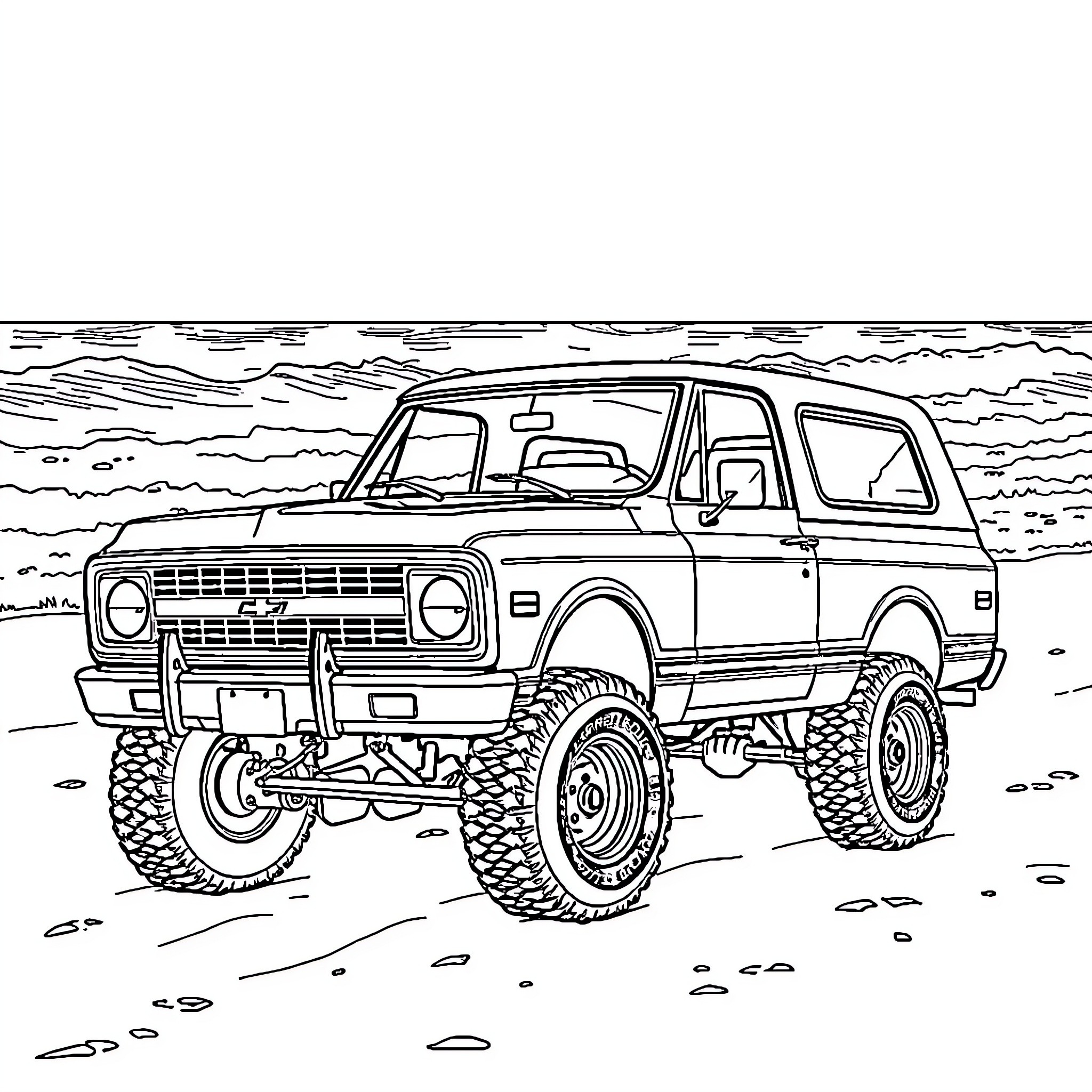 Chevrolet Blazer off-road adventure in nature Coloring Page (free black-and-white line drawing printable PDF for all, from beginners to advanced learners, including children, teens, adults, and seniors)