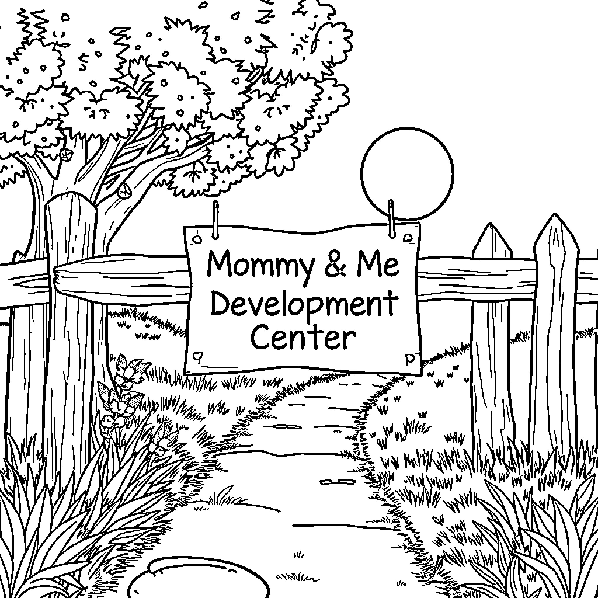 Sign for Mommy & Me Development Center in nature scene Coloring Page (free black-and-white line drawing printable PDF for all, from beginners to advanced learners, including children, teens, adults, and seniors)