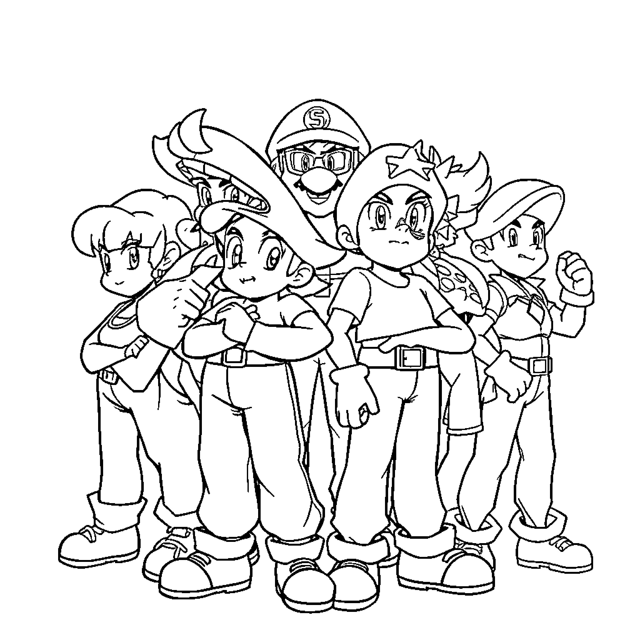 Super Smash Bros Characters in Action Poses Coloring Page (free black-and-white line drawing printable PDF for all, from beginners to advanced learners, including children, teens, adults, and seniors)