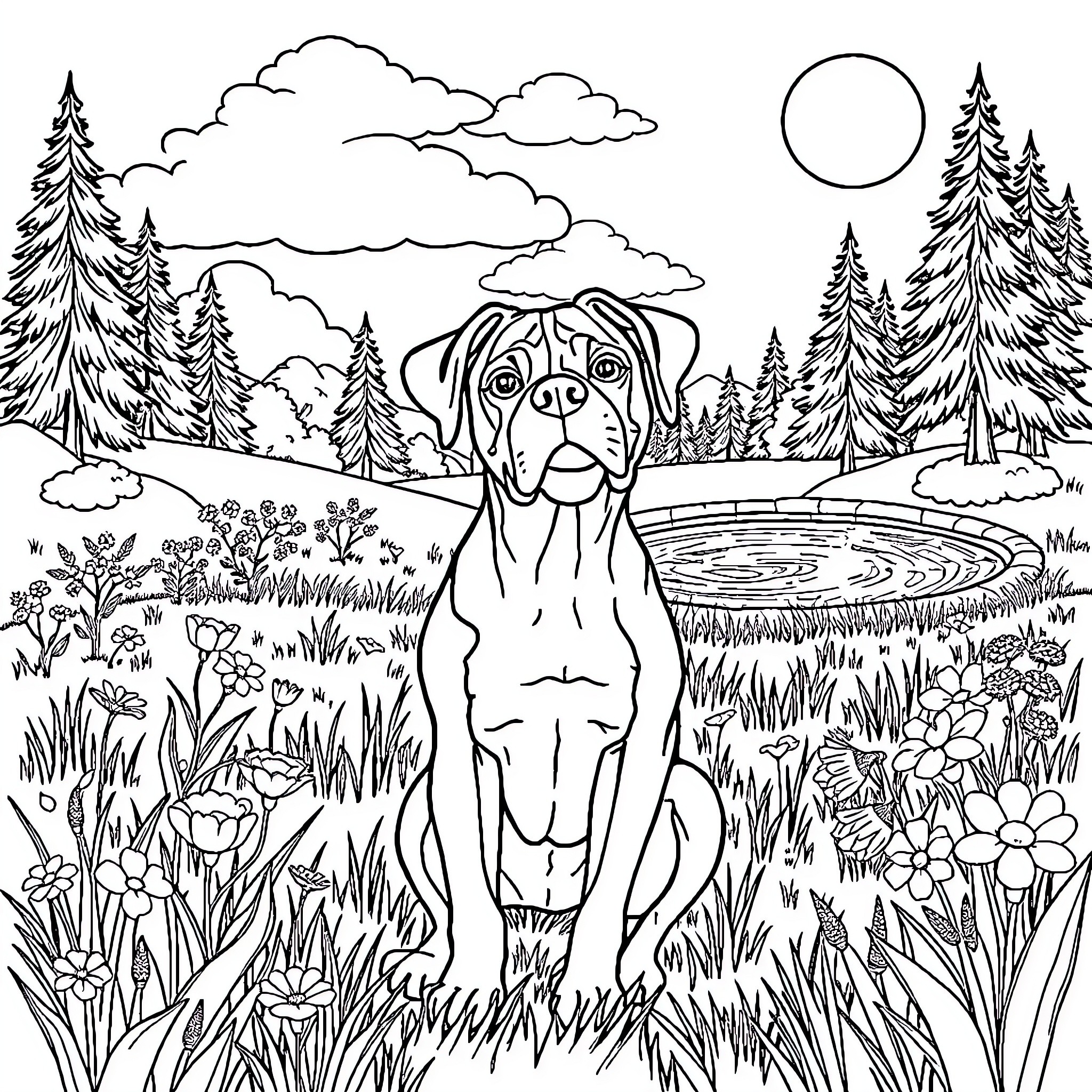 Boxer Dog exploring the forest landscape Coloring Page (free black-and-white line drawing printable PDF for all, from beginners to advanced learners, including children, teens, adults, and seniors)
