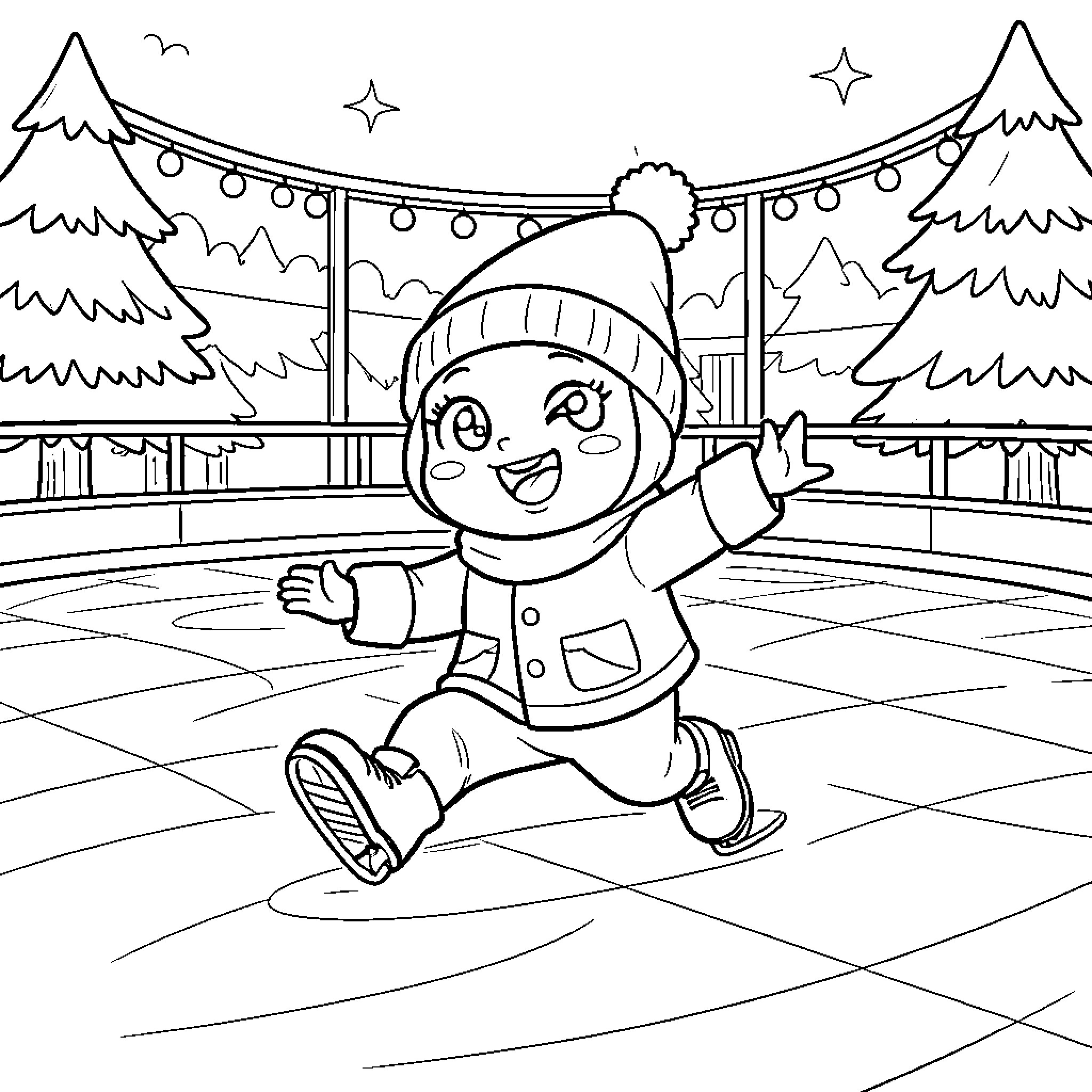 Pikachu character ice skating at an outdoor rink Coloring Page (free black-and-white line drawing printable PDF for all, from beginners to advanced learners, including children, teens, adults, and seniors)