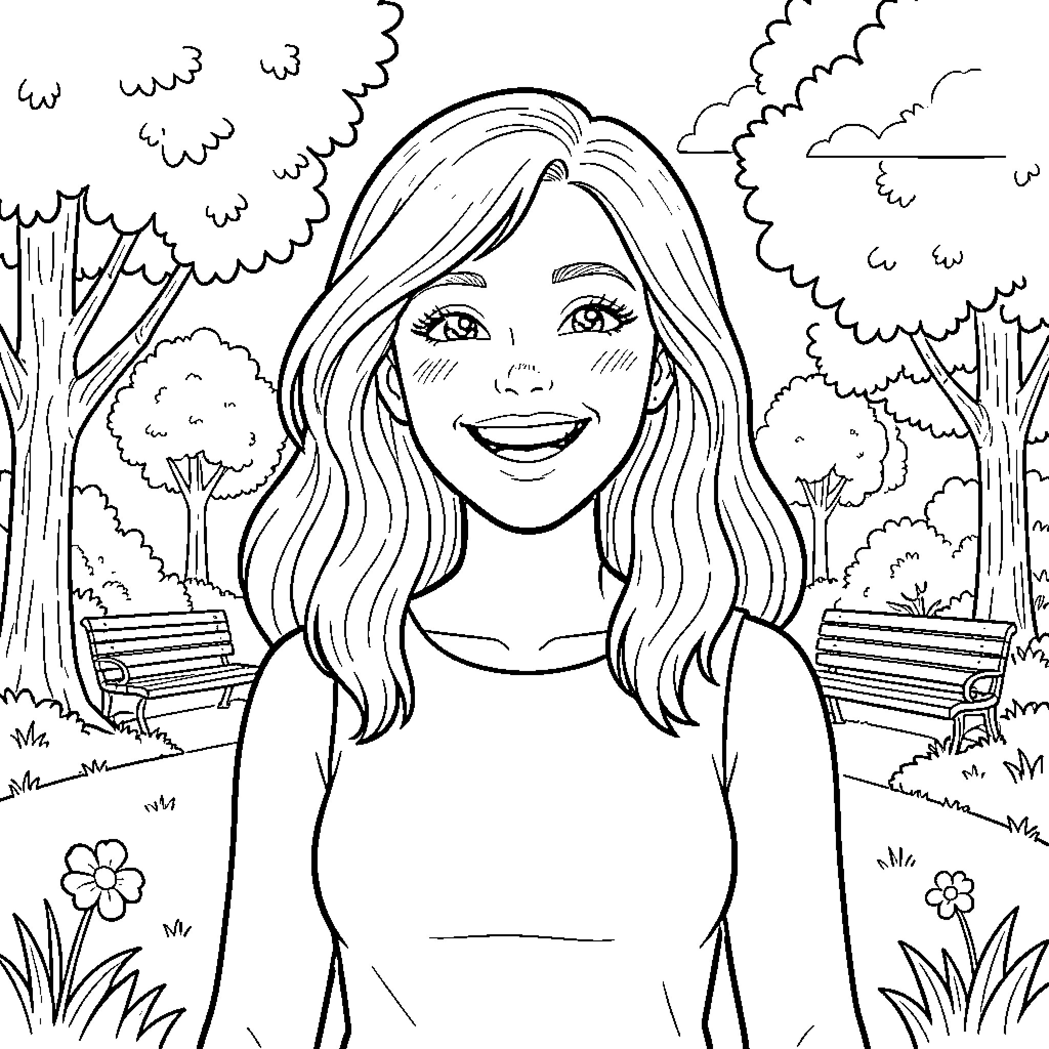 Lady enjoying a peaceful moment in the park Coloring Page (free black-and-white line drawing printable PDF for all, from beginners to advanced learners, including children, teens, adults, and seniors)