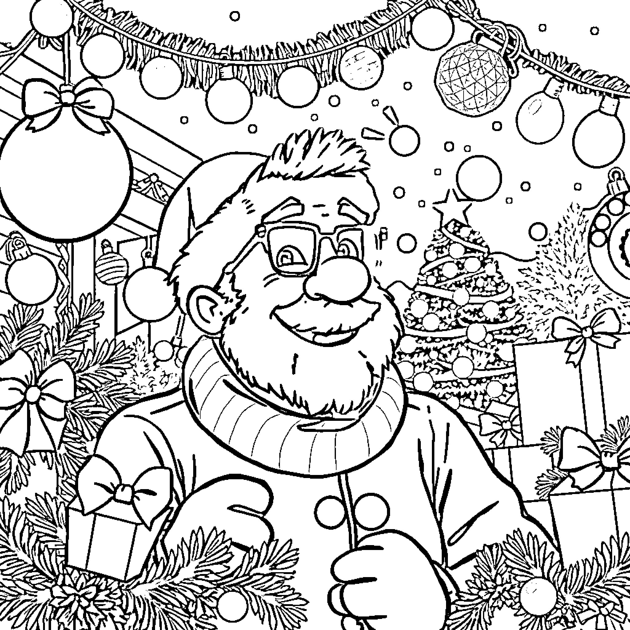 Mikecrack's Christmas Wonderland Coloring Page (free black-and-white line drawing printable PDF for all, from beginners to advanced learners, including children, teens, adults, and seniors)