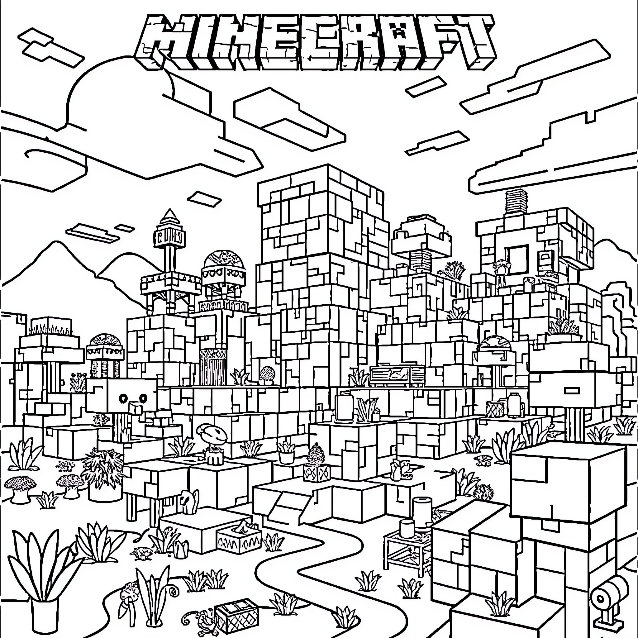Minecraft Cityscape with Diverse Structures and Landscapes Coloring Page (free black-and-white line drawing printable PDF for all, from beginners to advanced learners, including children, teens, adults, and seniors)