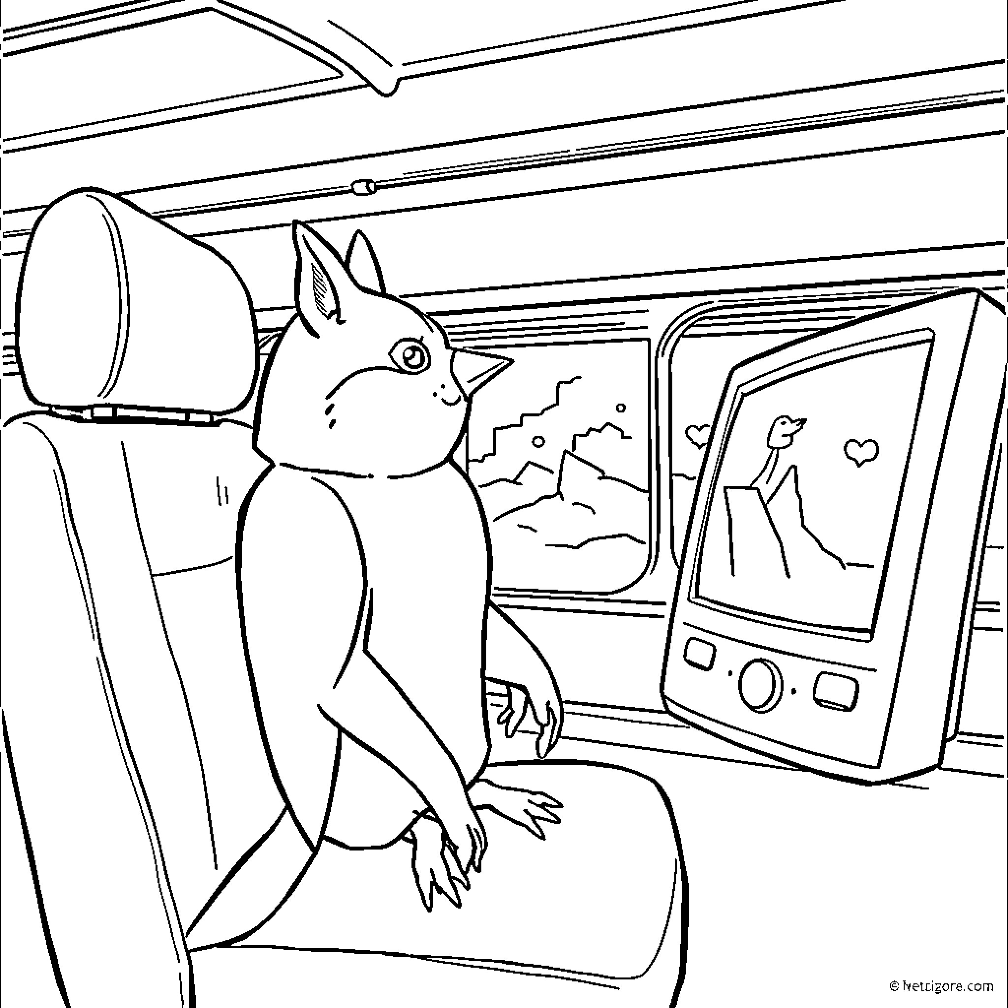 Ruben the cat sitting on a bus seat Coloring Page (free black-and-white line drawing printable PDF for all, from beginners to advanced learners, including children, teens, adults, and seniors)