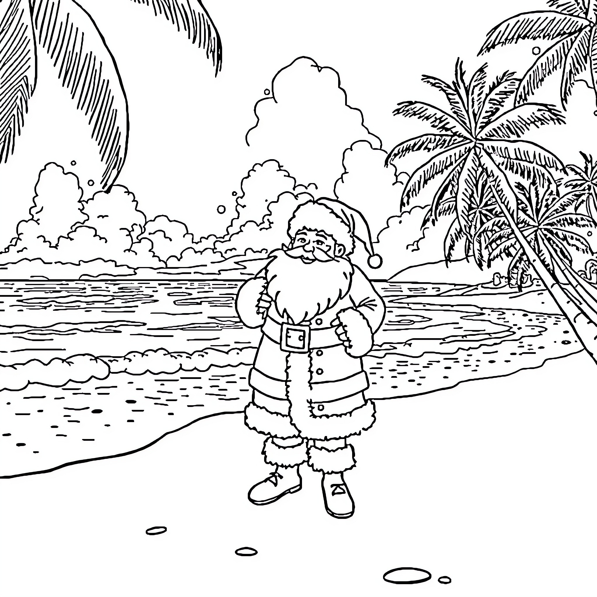 Santa Claus enjoying a tropical beach vacation Coloring Page (free black-and-white line drawing printable PDF for all, from beginners to advanced learners, including children, teens, adults, and seniors)
