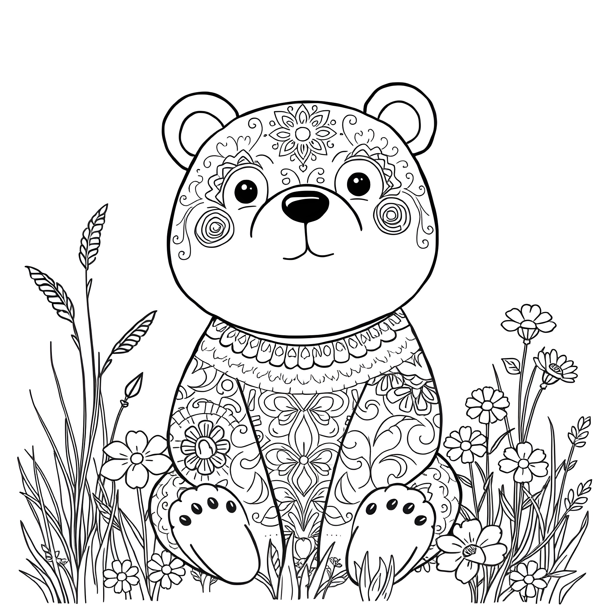 Bear with floral patterns in the meadow Coloring Page (free black-and-white line drawing printable PDF for all, from beginners to advanced learners, including children, teens, adults, and seniors)