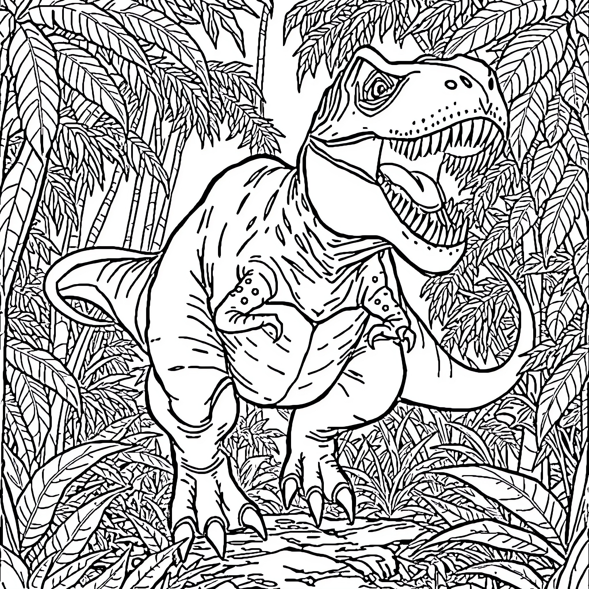 T-Rex stalking through the dense jungle foliage Coloring Page (free black-and-white line drawing printable PDF for all, from beginners to advanced learners, including children, teens, adults, and seniors)