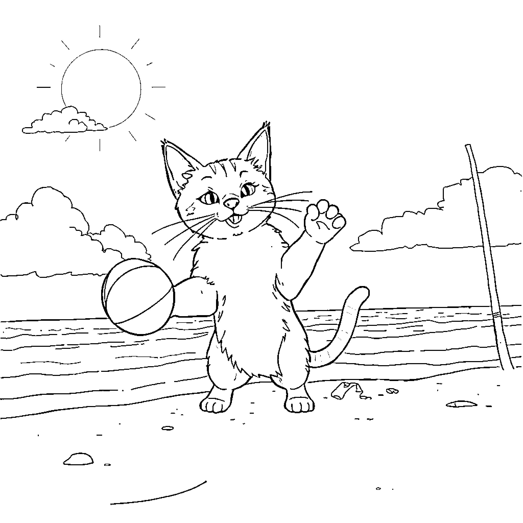 Chat with a cheerful cat on the beach Coloring Page (free black-and-white line drawing printable PDF for all, from beginners to advanced learners, including children, teens, adults, and seniors)