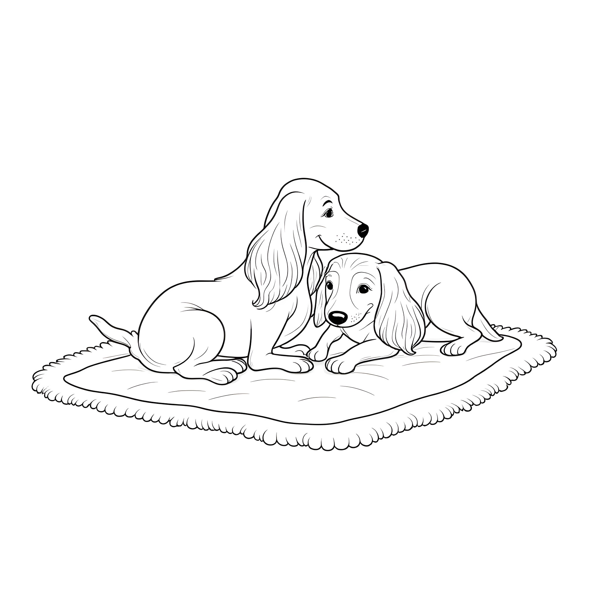 Sausage Dogs Lounging on Soft Rug Coloring Page (free black-and-white line drawing printable PDF for all, from beginners to advanced learners, including children, teens, adults, and seniors)