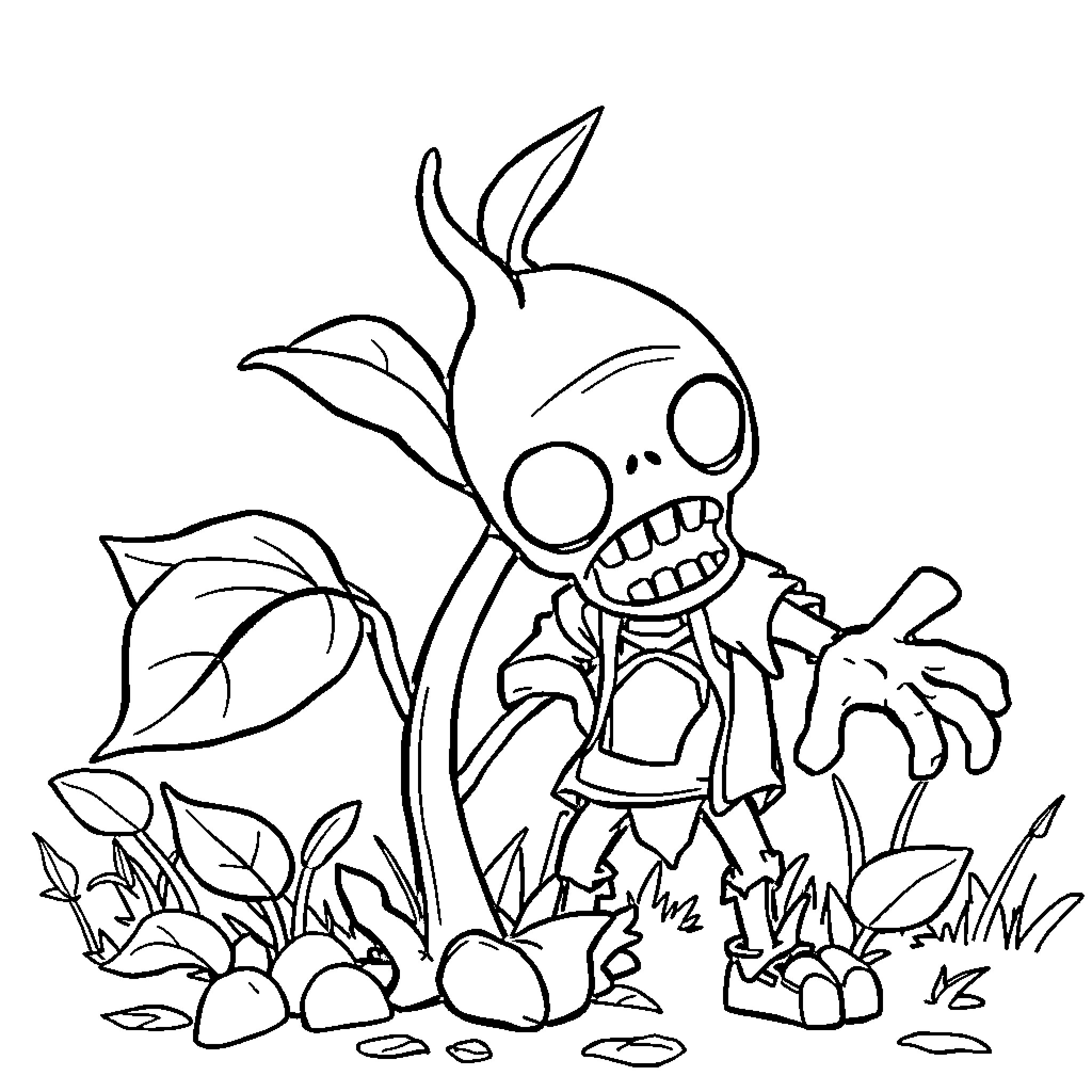 Planta Carnivora Cartoon Monster Emerging from Foliage Coloring Page (free black-and-white line drawing printable PDF for all, from beginners to advanced learners, including children, teens, adults, and seniors)
