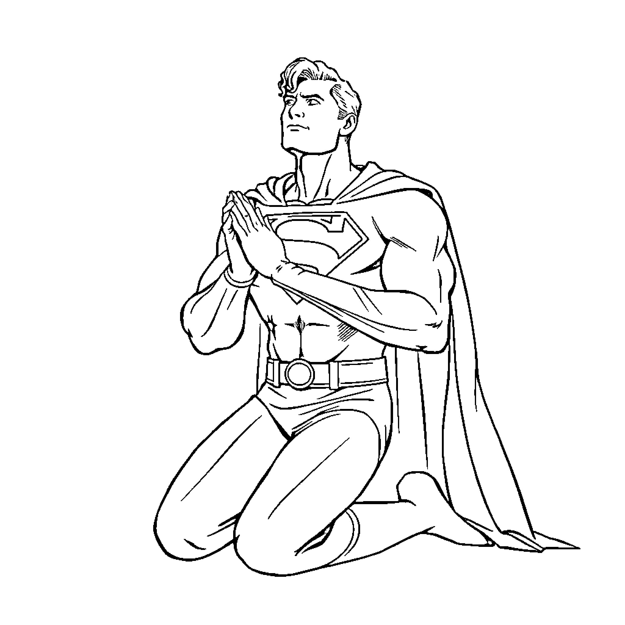 Superman kneeling with hands clasped in prayerful contemplation Coloring Page (free black-and-white line drawing printable PDF for all, from beginners to advanced learners, including children, teens, adults, and seniors)