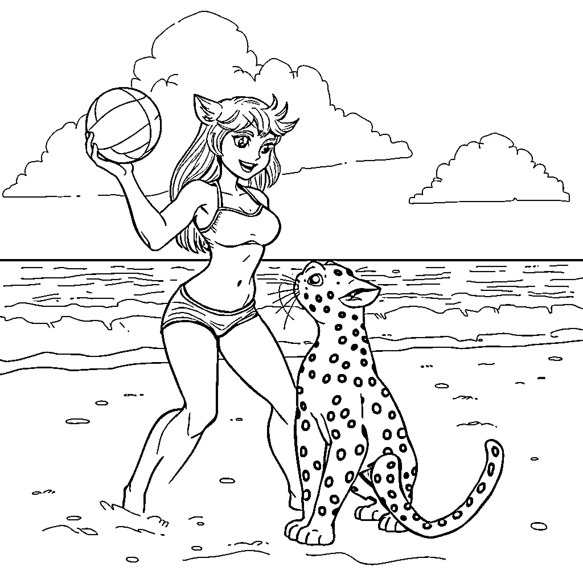 Girl playing with a ball on the beach with a leopard Coloring Page (free black-and-white line drawing printable PDF for all, from beginners to advanced learners, including children, teens, adults, and seniors)