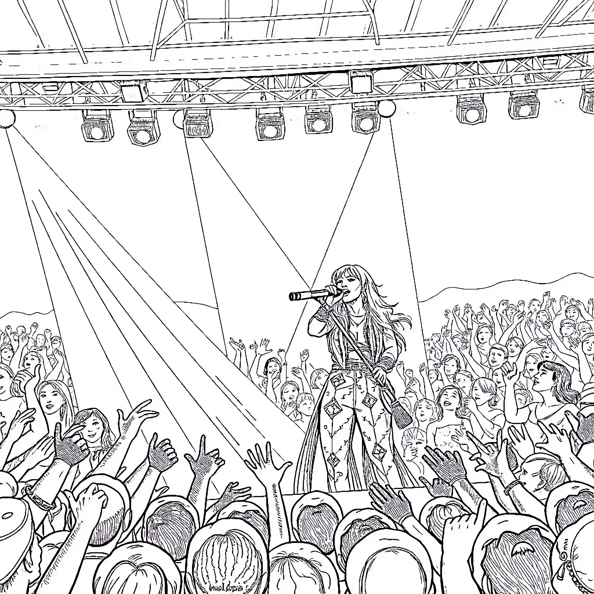 Jenni Rivera performing passionately on stage before adoring crowd Coloring Page (free black-and-white line drawing printable PDF for all, from beginners to advanced learners, including children, teens, adults, and seniors)