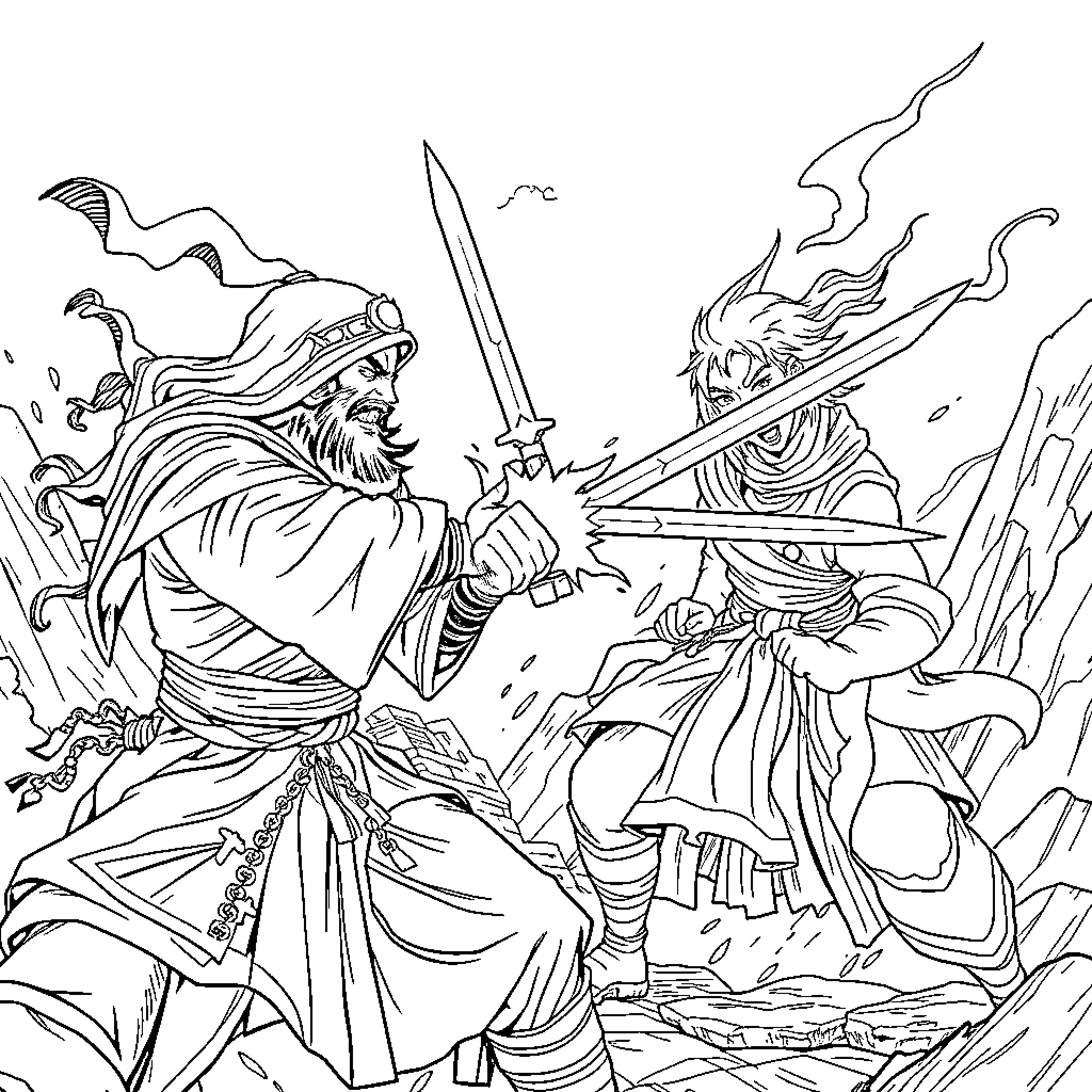 Rumi's Spiritual Warrior Battle Against Adversity Coloring Page (free black-and-white line drawing printable PDF for all, from beginners to advanced learners, including children, teens, adults, and seniors)