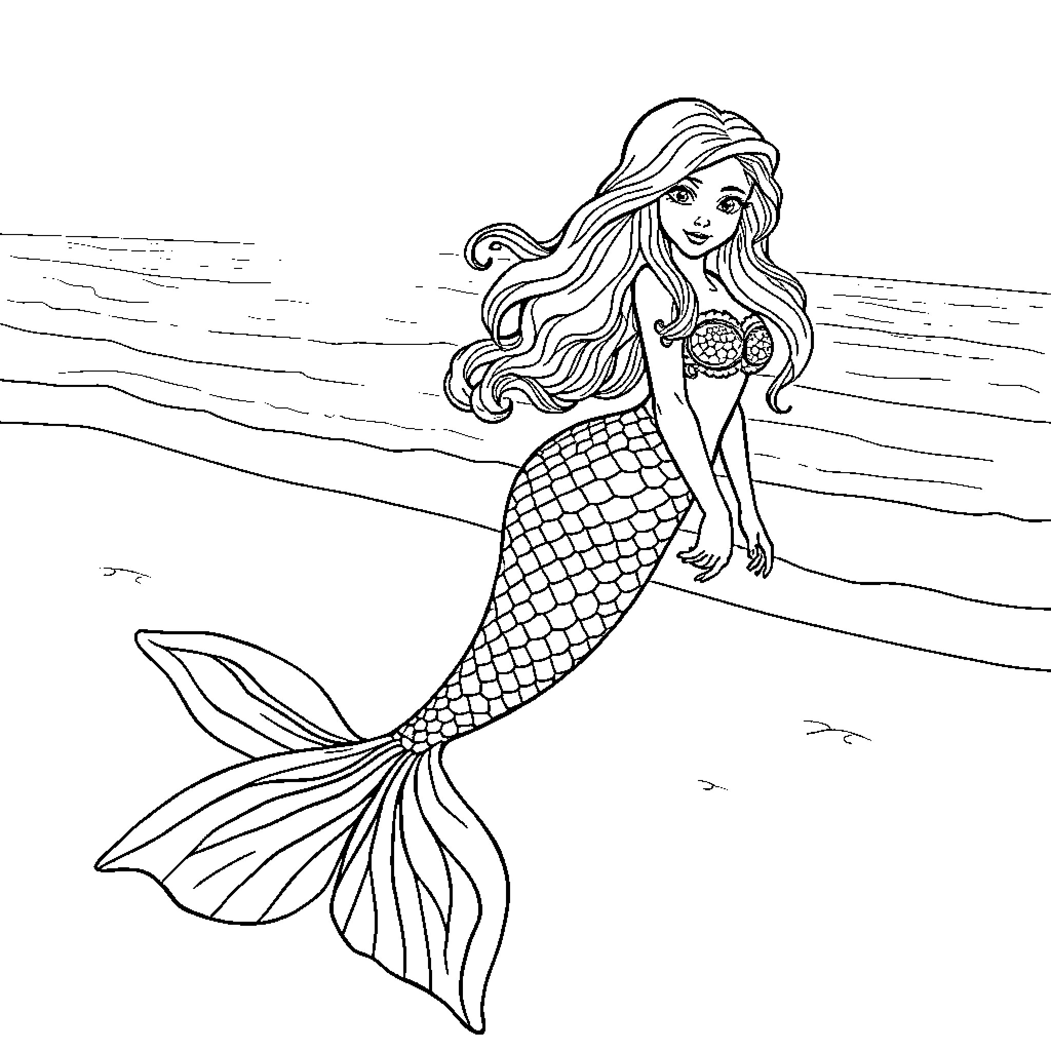 Mermaid swimming gracefully in the ocean Coloring Page (free black-and-white line drawing printable PDF for all, from beginners to advanced learners, including children, teens, adults, and seniors)