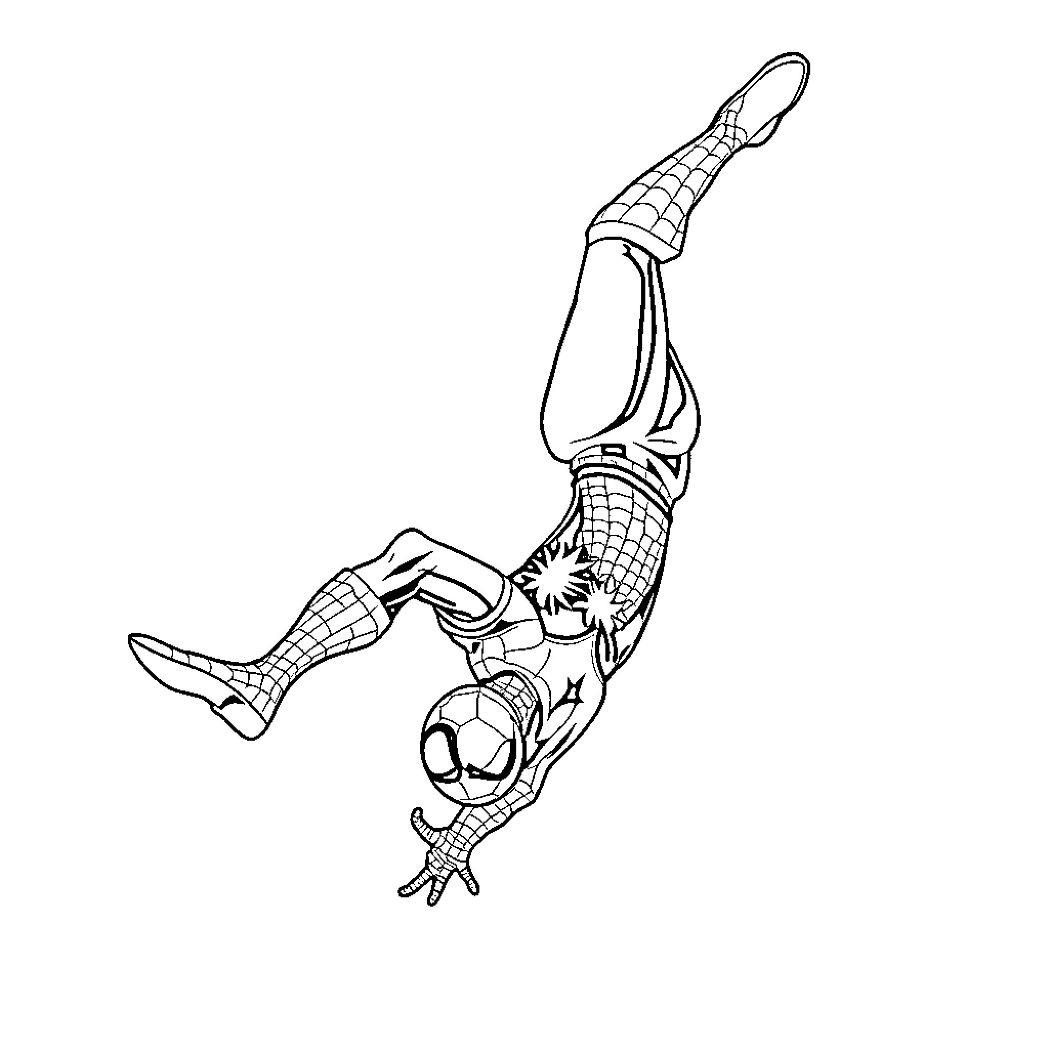 Spiderman swinging through the air in action pose Coloring Page (free black-and-white line drawing printable PDF for all, from beginners to advanced learners, including children, teens, adults, and seniors)