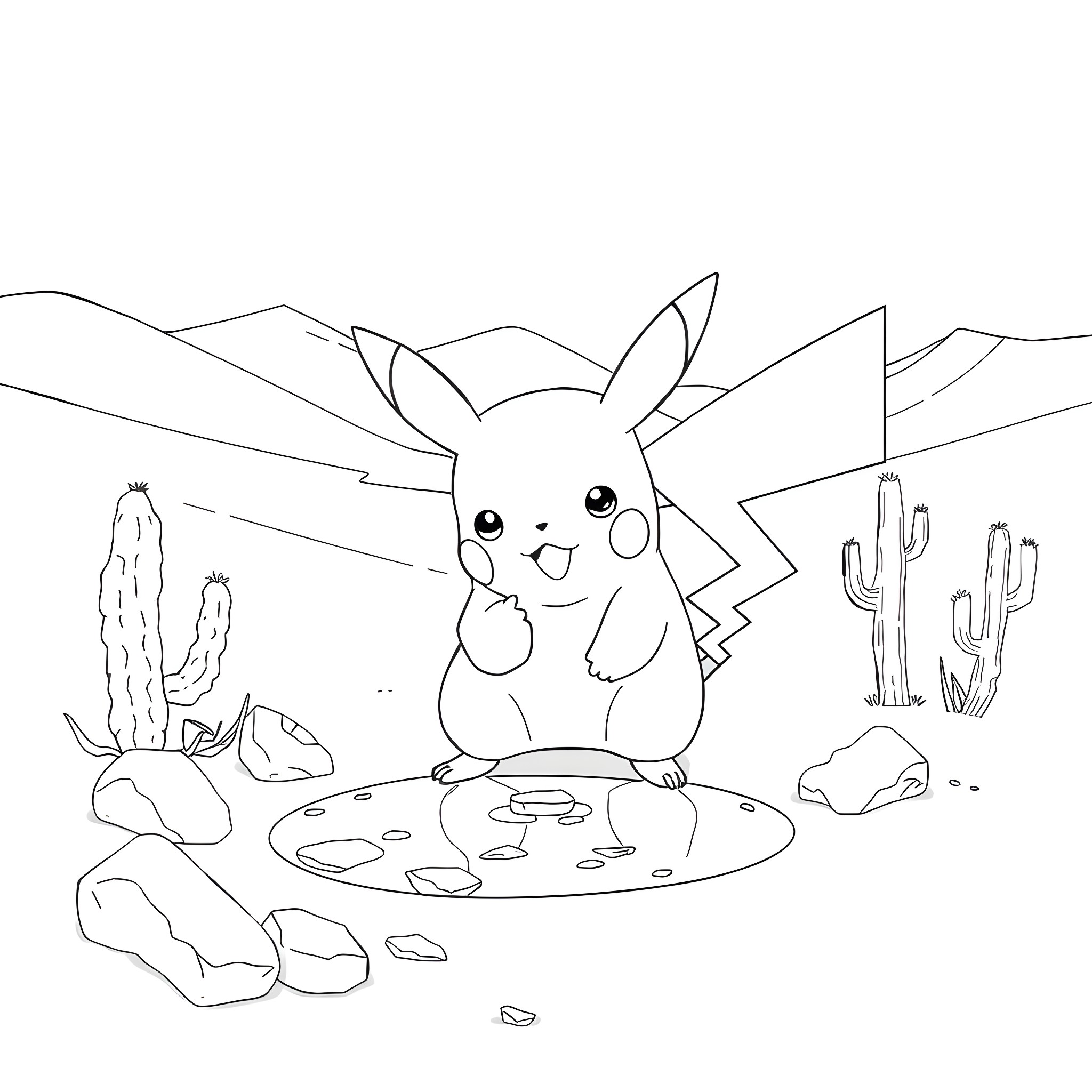 Pikachu playing in the desert landscape Coloring Page (free black-and-white line drawing printable PDF for all, from beginners to advanced learners, including children, teens, adults, and seniors)